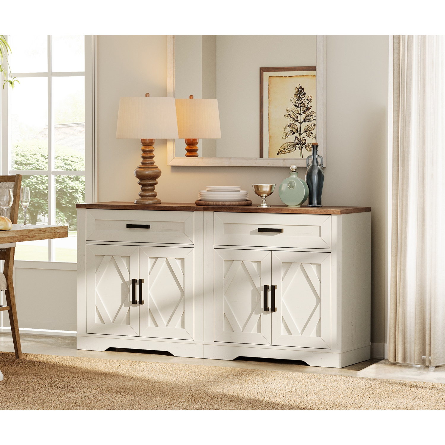 Buffet 2-en-1 WAMPAT, espace de rangement de cuisine de 63&nbsp;po de largeur avec tiroirs et portes, bahut en bois Modern Farmhouse Coffee Bar avec