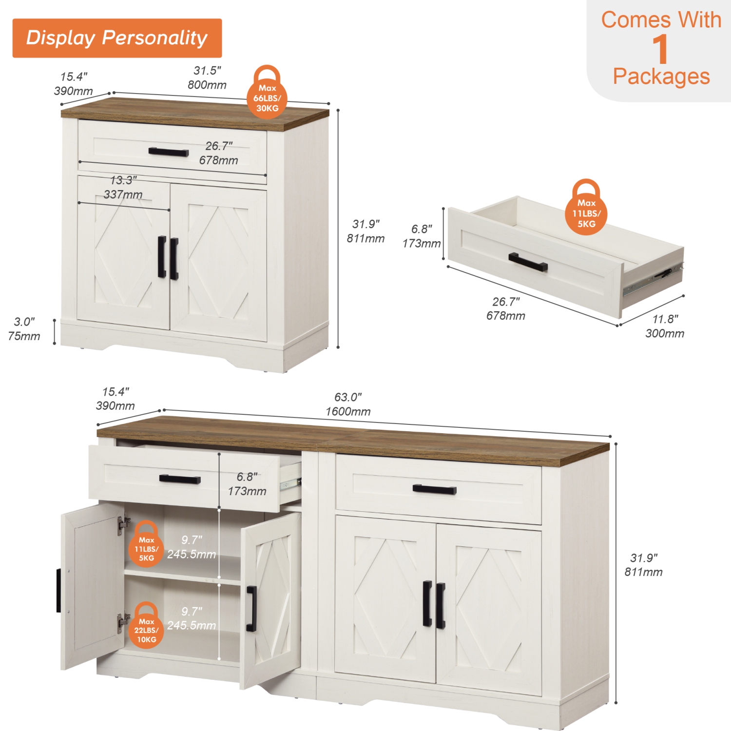 Buffet 2-en-1 WAMPAT, espace de rangement de cuisine de 63&nbsp;po de largeur avec tiroirs et portes, bahut en bois Modern Farmhouse Coffee Bar avec