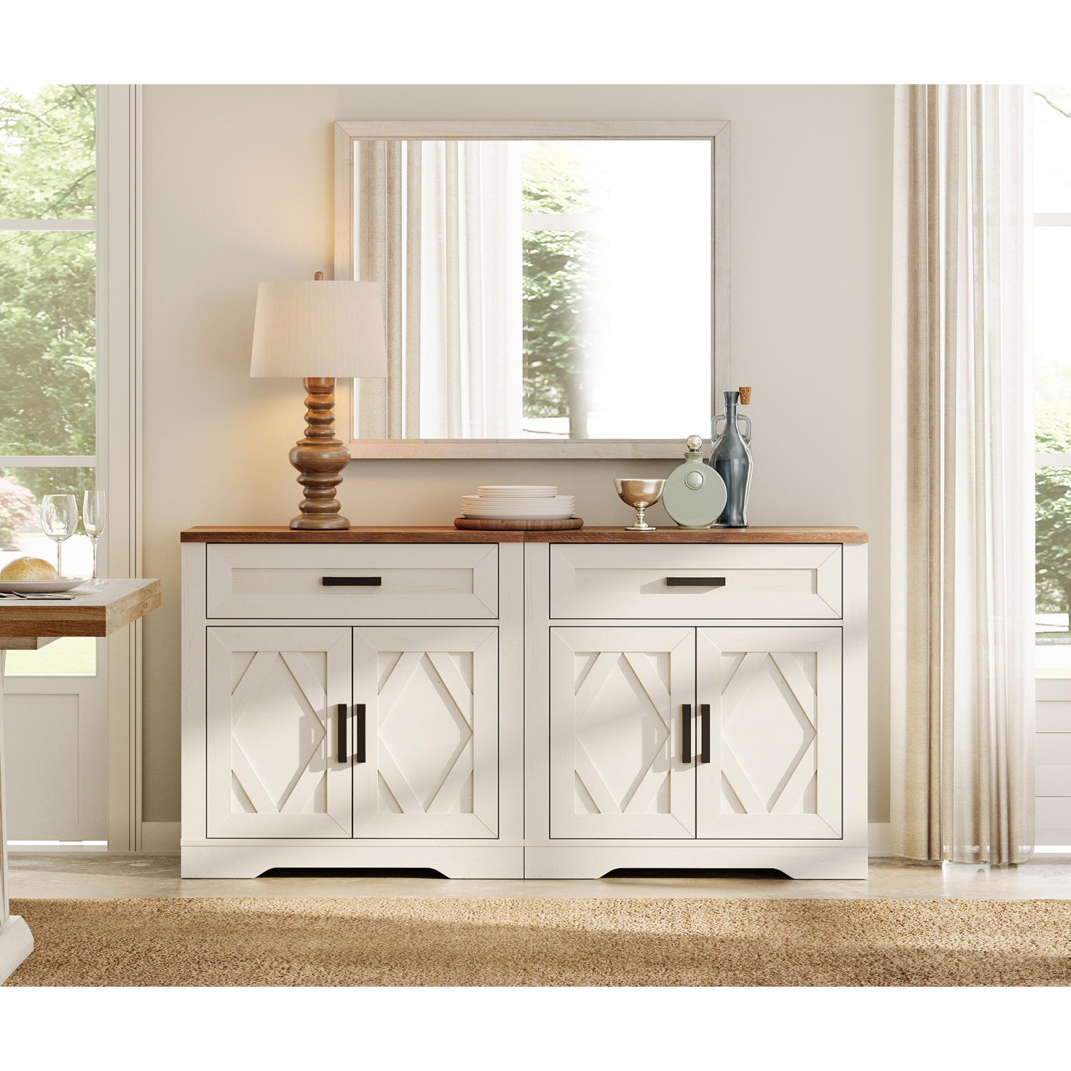 Buffet 2-en-1 WAMPAT, espace de rangement de cuisine de 63&nbsp;po de largeur avec tiroirs et portes, bahut en bois Modern Farmhouse Coffee Bar avec