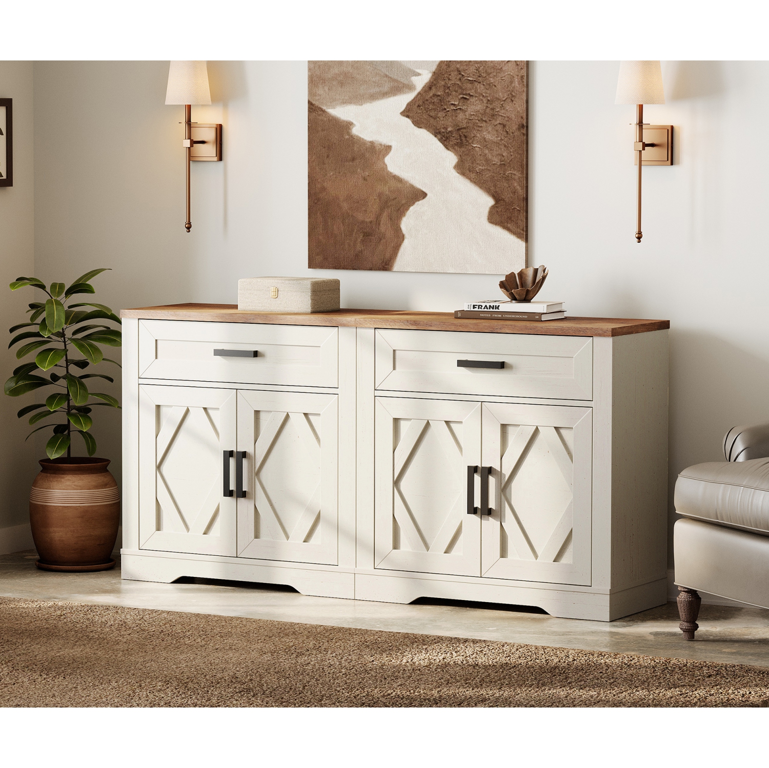 Buffet 2-en-1 WAMPAT, espace de rangement de cuisine de 63&nbsp;po de largeur avec tiroirs et portes, bahut en bois Modern Farmhouse Coffee Bar avec