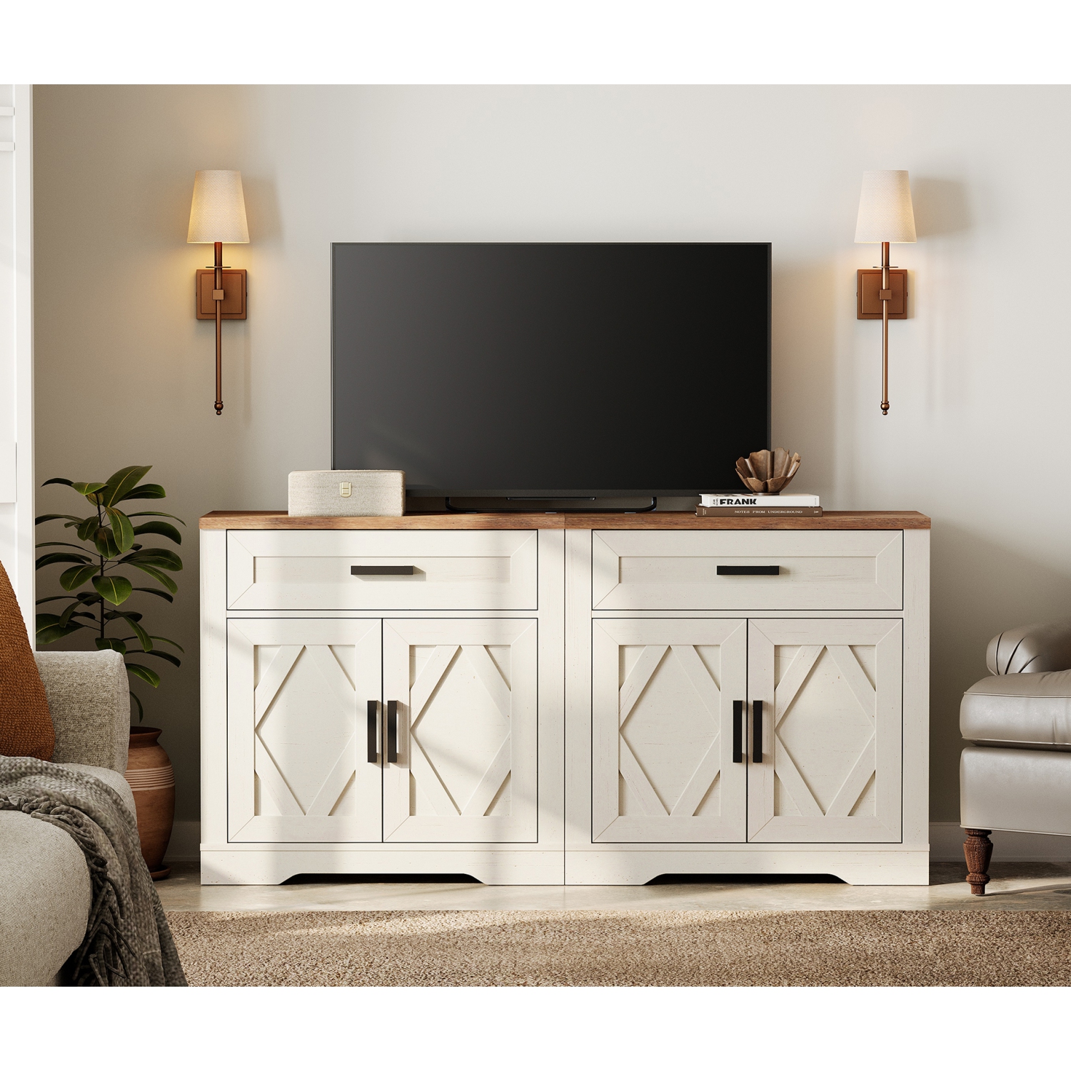 Buffet 2-en-1 WAMPAT, espace de rangement de cuisine de 63&nbsp;po de largeur avec tiroirs et portes, bahut en bois Modern Farmhouse Coffee Bar avec