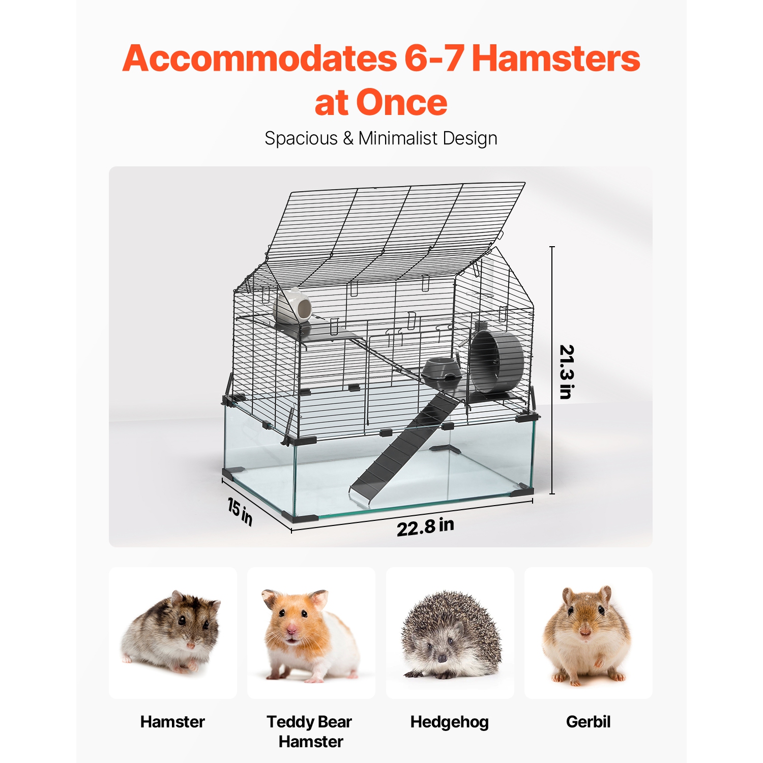 VEVOR 360° Hamster Cage, Viewing Transparent Hamster Habitats, Small Animal Cage, 22.8 x 15 x 21.3 in, Ventilated Pet Mouse Cages with Water Bottle,