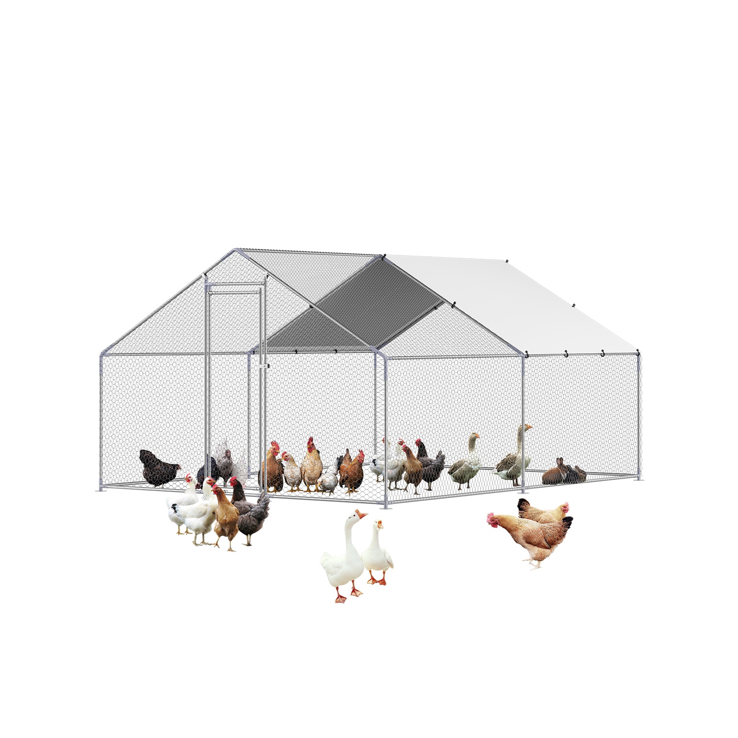 VEVOR 9.8x13.1x6.5 ft Metal Chicken Coop, Large Walk-in Chicken Runs with Cover, Spire Roof Hen House Enclosure with Security Lock,Outdoor Duck