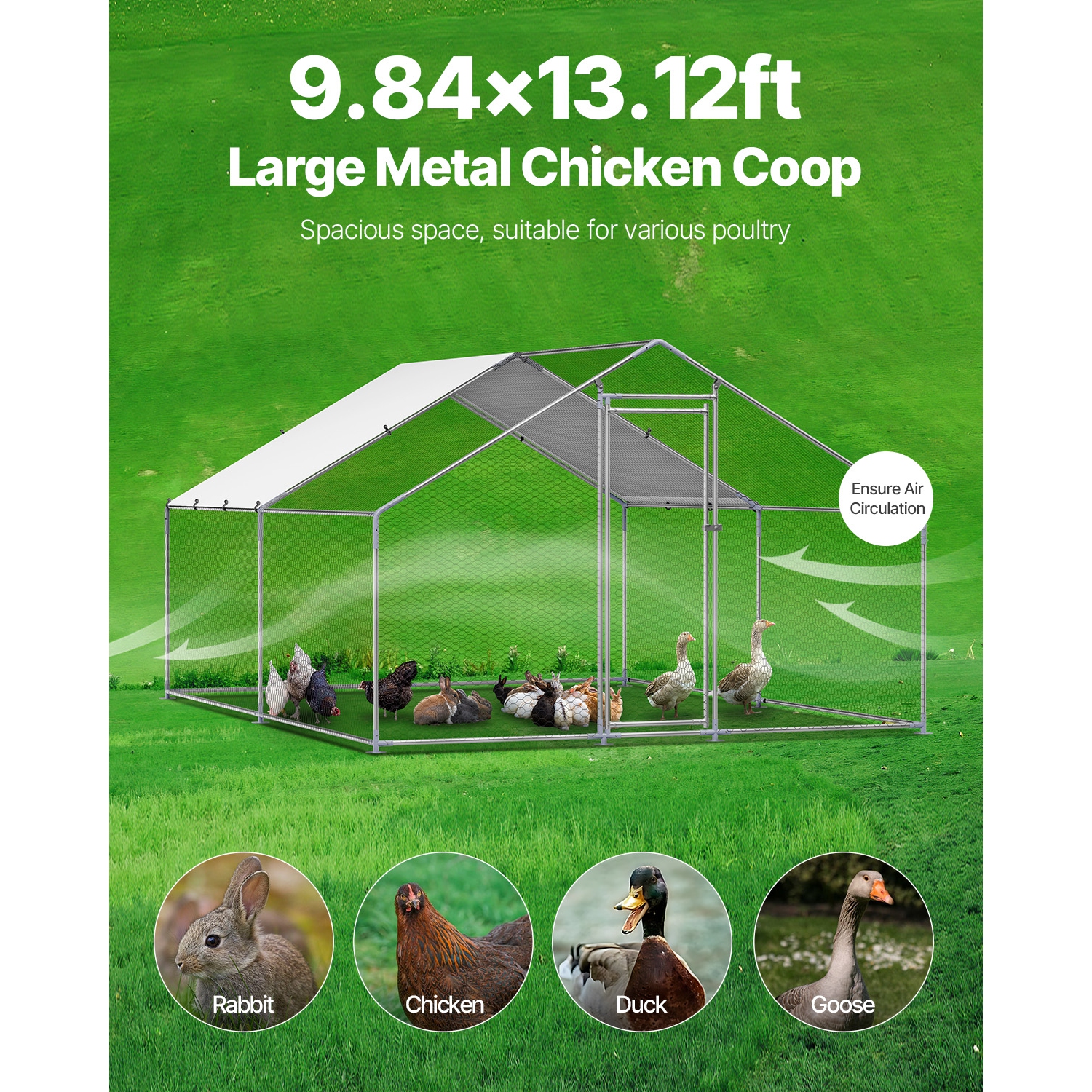 VEVOR 9.8x13.1x6.5 ft Metal Chicken Coop, Large Walk-in Chicken Runs with Cover, Spire Roof Hen House Enclosure with Security Lock,Outdoor Duck