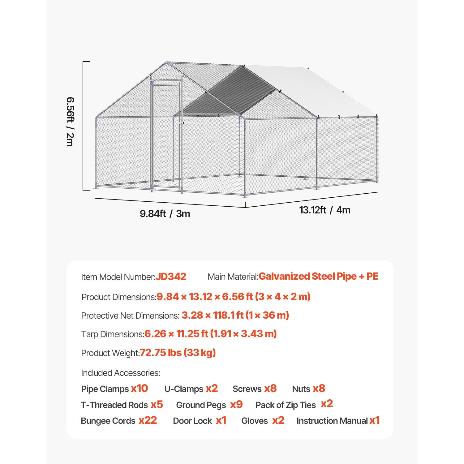 VEVOR 9.8x13.1x6.5 ft Metal Chicken Coop, Large Walk-in Chicken Runs with Cover, Spire Roof Hen House Enclosure with Security Lock,Outdoor Duck