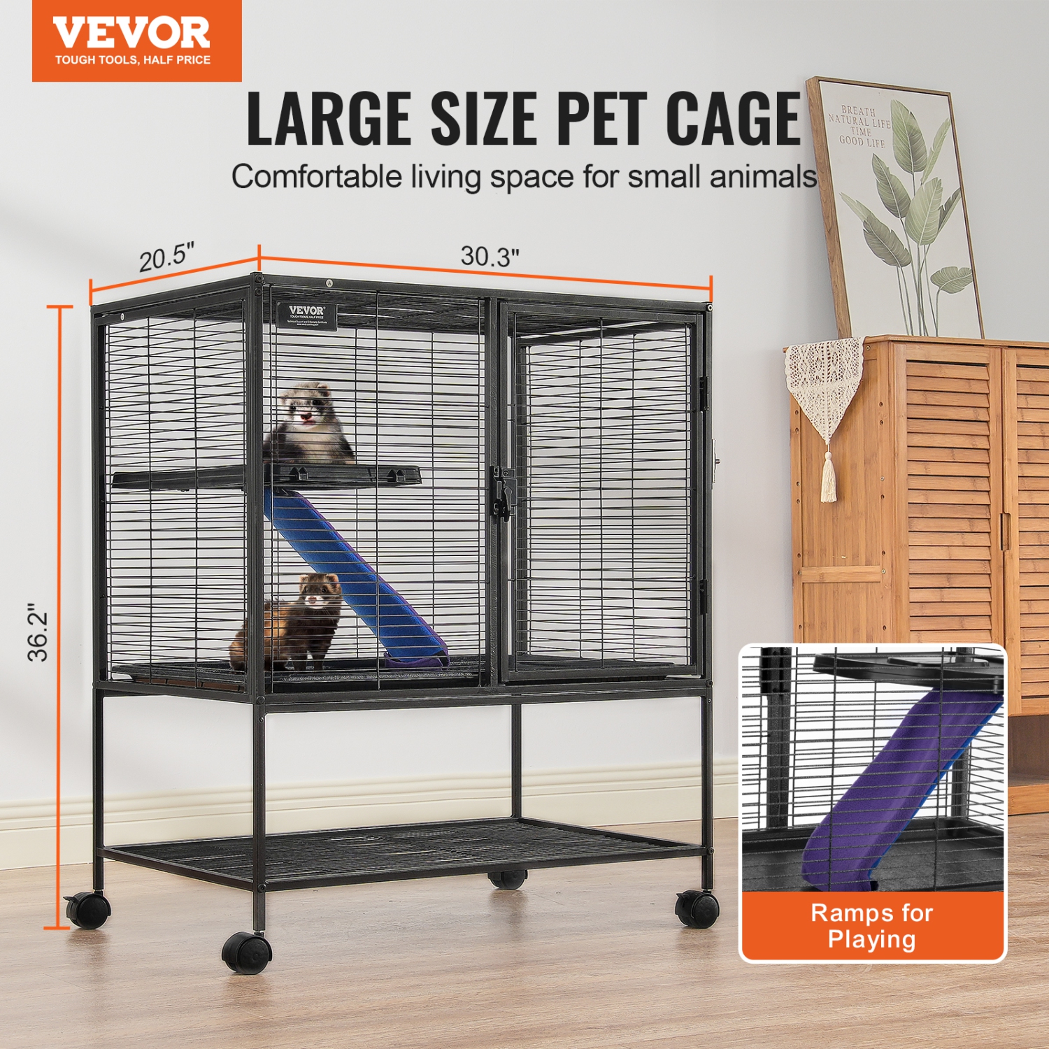 VEVOR 36" Rolling Metal Ferret Cage, Large 2-Tier Critter Nation Cage, Small Animal Cage with Ramps & Tray, Easy to Set up for Pet Rats, Hamster,