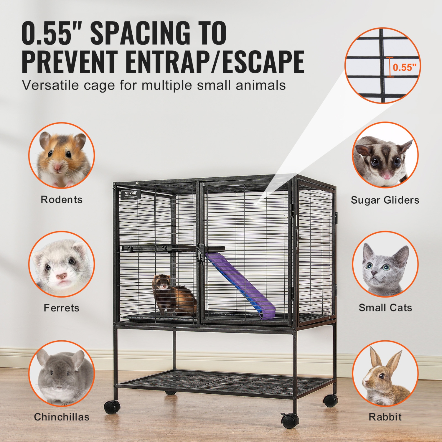 VEVOR 36" Rolling Metal Ferret Cage, Large 2-Tier Critter Nation Cage, Small Animal Cage with Ramps & Tray, Easy to Set up for Pet Rats, Hamster,