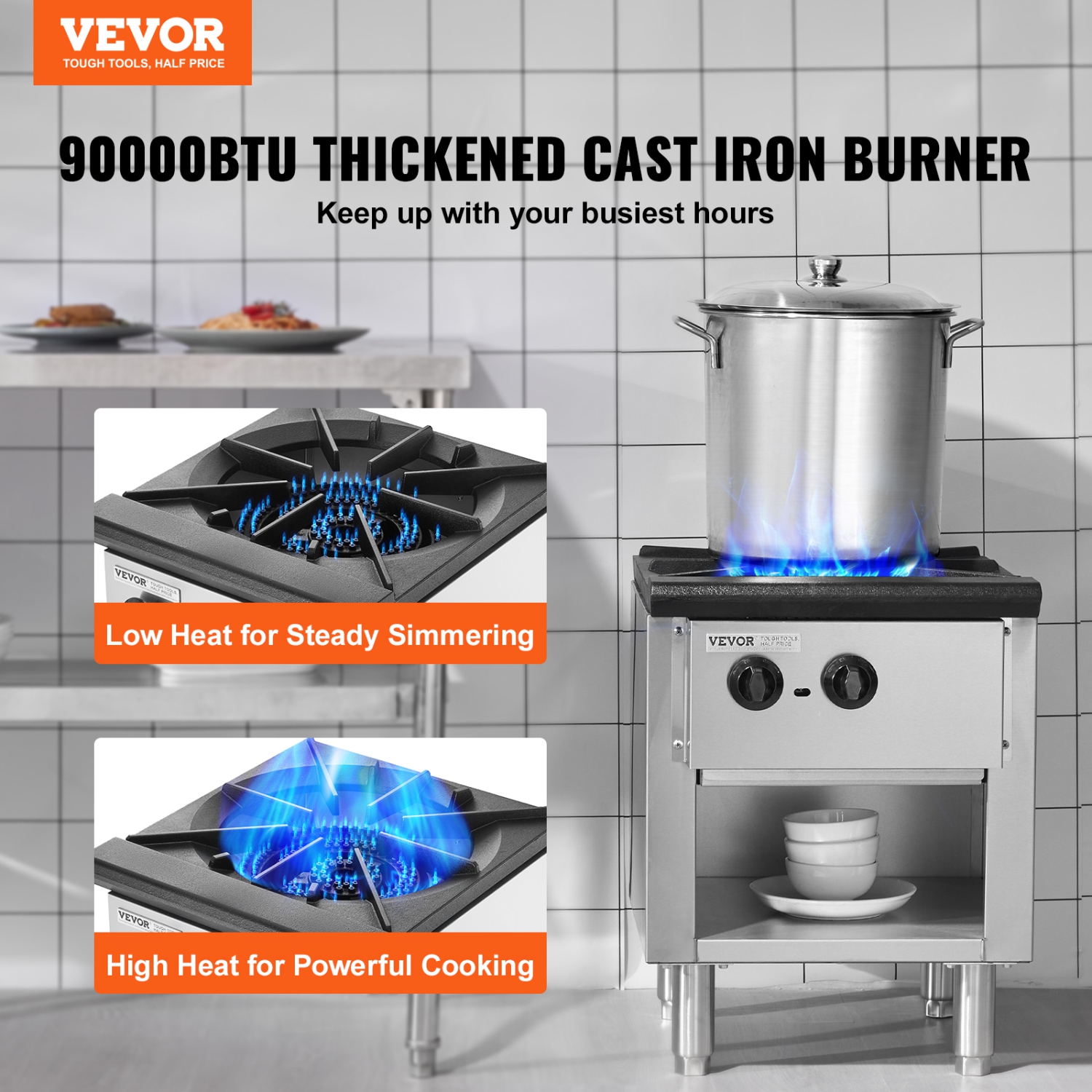 VEVOR 90,000 BTU Commercial Gas Stove with Cabinet,Propane and Natural Gas Countertop Cooking Stove Range, Stainless Steel Gas Hot Plate,Commercial