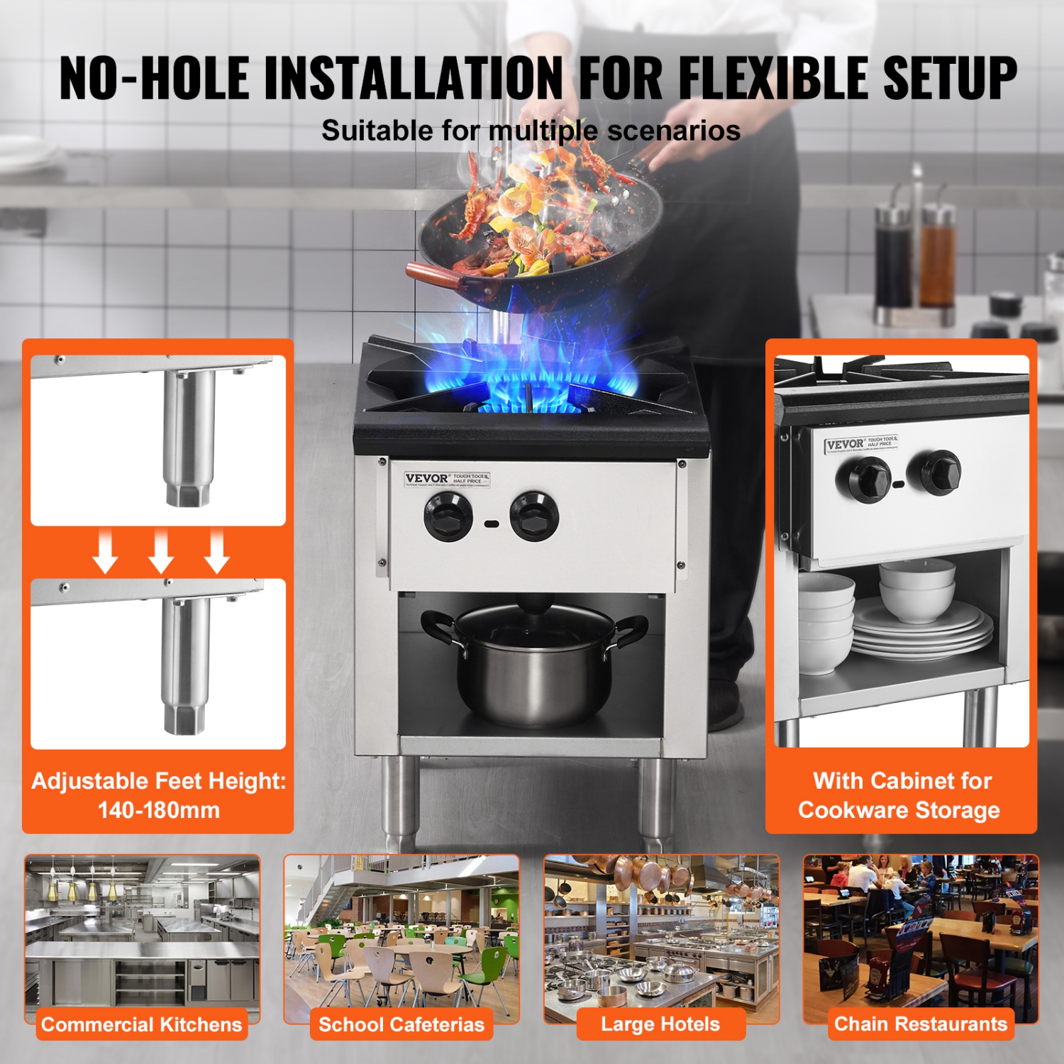 VEVOR 90,000 BTU Commercial Gas Stove with Cabinet,Propane and Natural Gas Countertop Cooking Stove Range, Stainless Steel Gas Hot Plate,Commercial