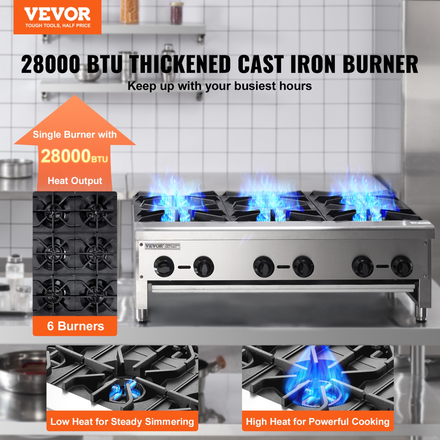 VEVOR 6 Burners Commercial Gas Stove, Propane and Natural Gas Countertop Cooking Stove Range, Stainless Steel Gas Hot Plate, Commercial Cooking