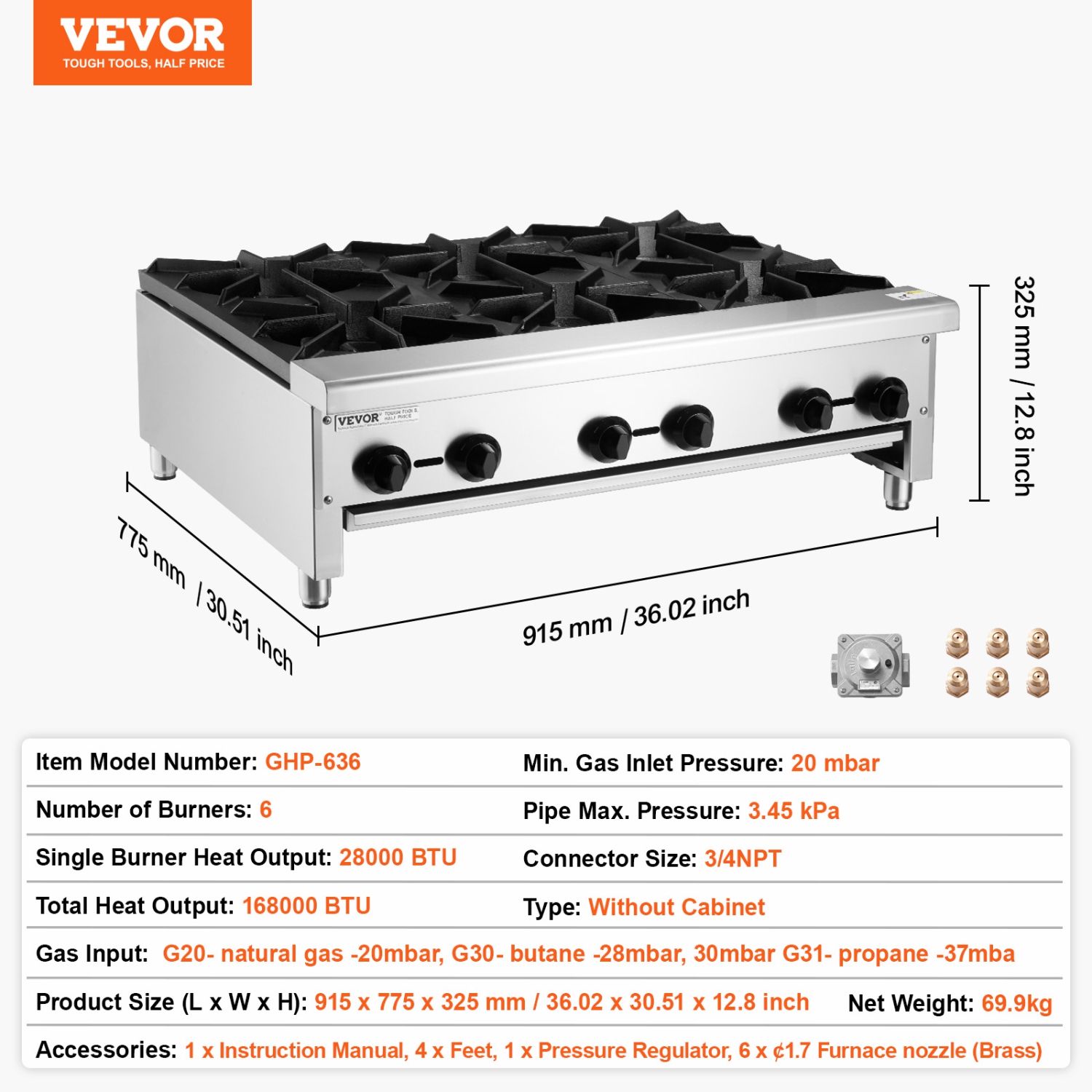 VEVOR 6 Burners Commercial Gas Stove, Propane and Natural Gas Countertop Cooking Stove Range, Stainless Steel Gas Hot Plate, Commercial Cooking