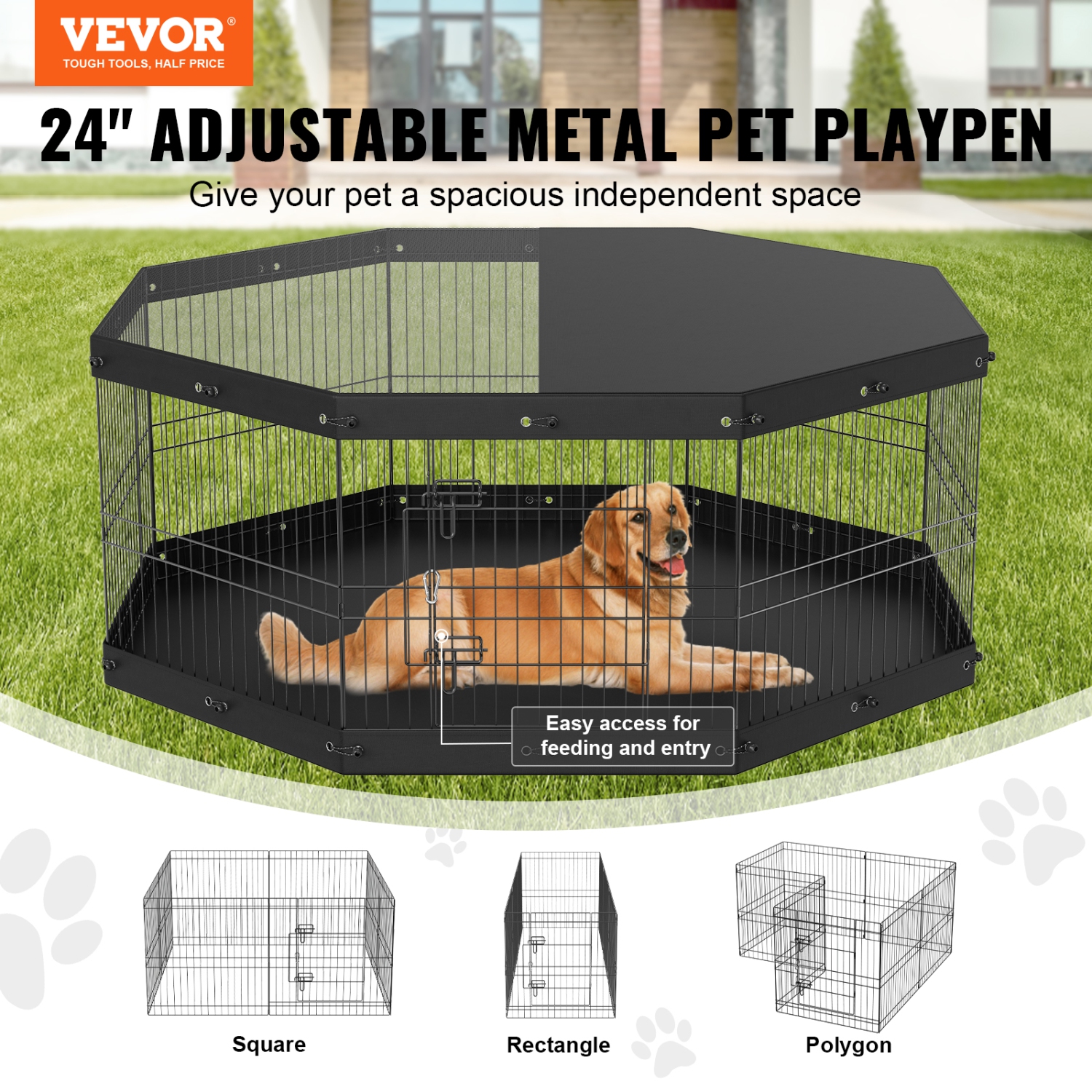 VEVOR 8 Panels Dog Playpen, Foldable Metal Dog Exercise Pen with Top Cover and Bottom Pad, 24" H Pet Fence Puppy Crate Kennel, Indoor Outdoor Dog Pen