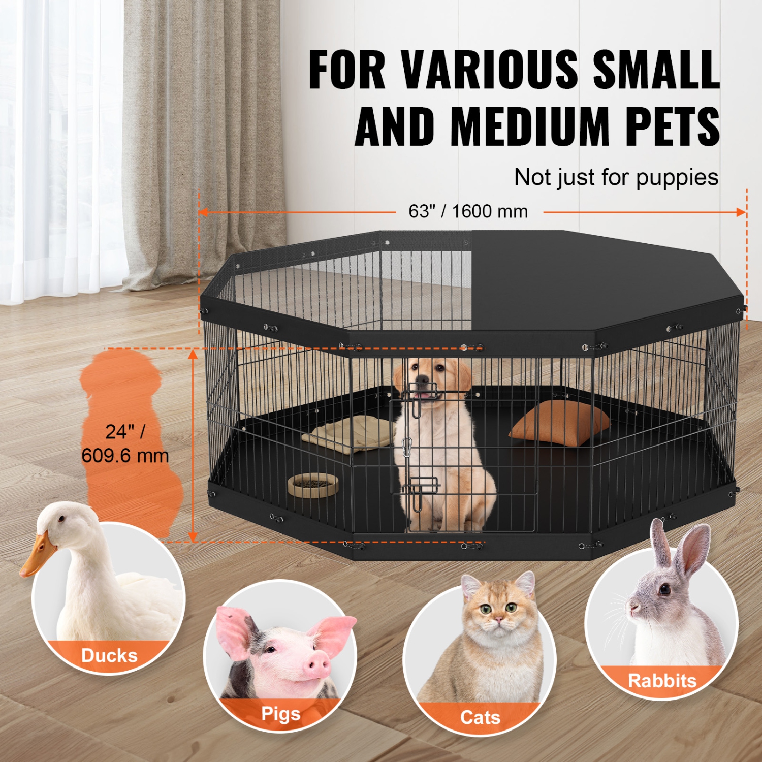VEVOR 8 Panels Dog Playpen, Foldable Metal Dog Exercise Pen with Top Cover and Bottom Pad, 24" H Pet Fence Puppy Crate Kennel, Indoor Outdoor Dog Pen