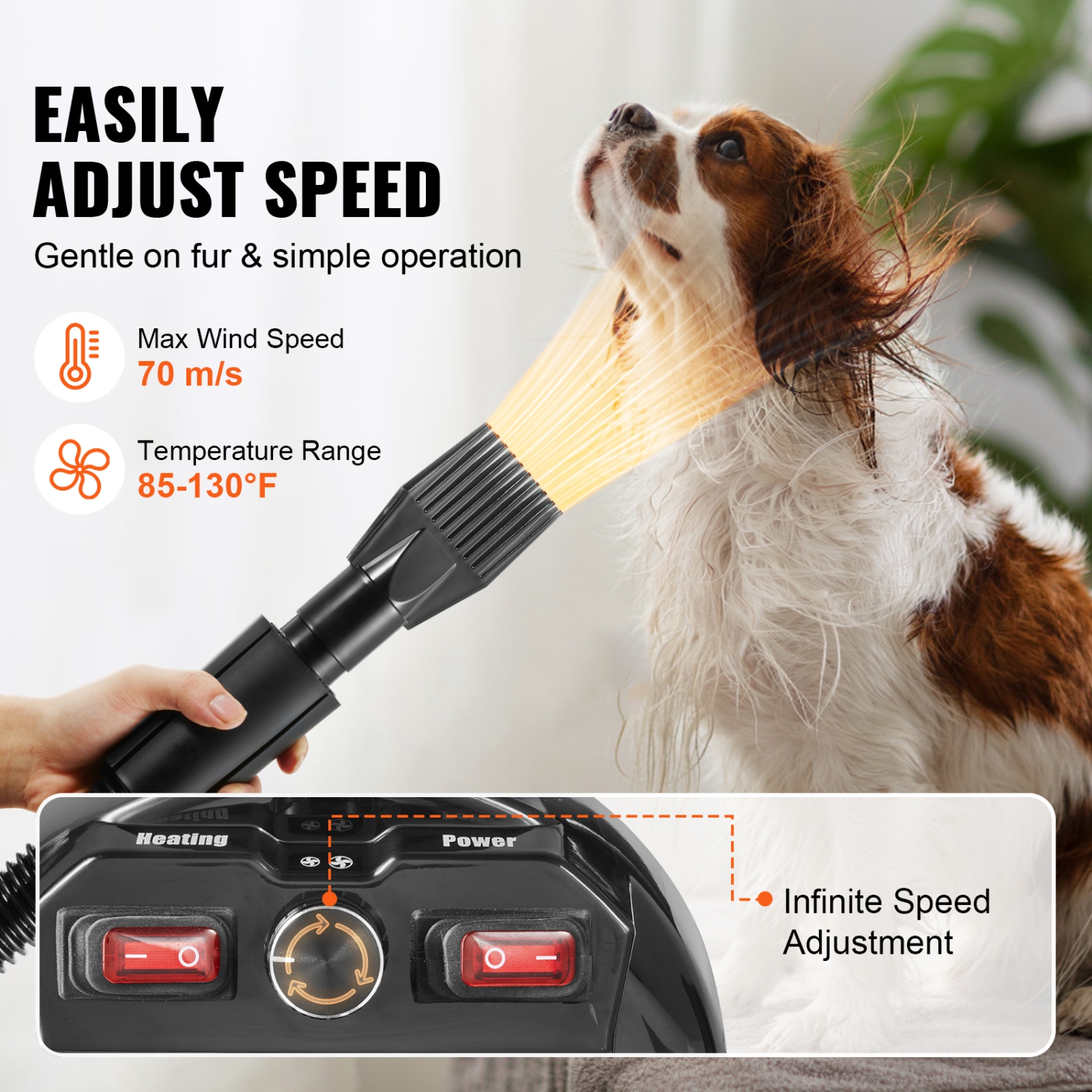 VEVOR 2000W/2.7HP Dog Dryer, Dog Blow Dryer, Pet Grooming Dryer with Adjustable Speed and Temperature Control, Pet Hair Dryer with 4 Nozzles and