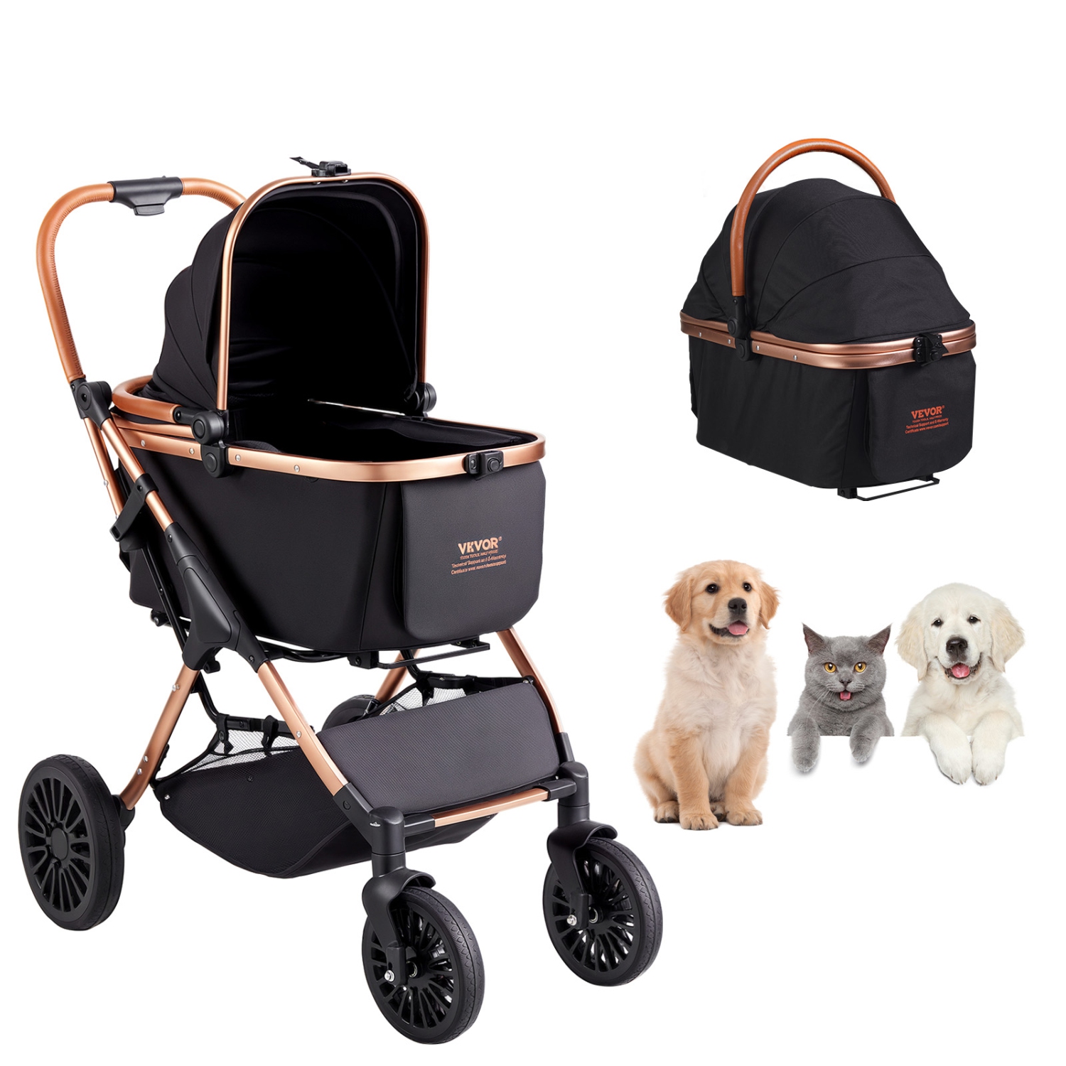 VEVOR 4 Wheels Pet Stroller, Dog Stroller Rotate with Brakes, 66 lbs Weight Capacity, Puppy Stroller with Detachable Carrier, Storage Basket and Pet