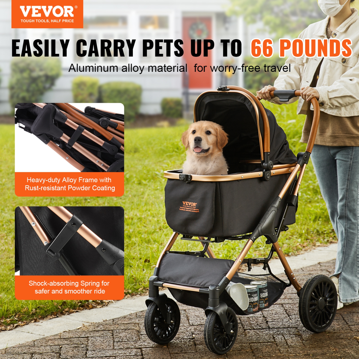 VEVOR 4 Wheels Pet Stroller, Dog Stroller Rotate with Brakes, 66 lbs Weight Capacity, Puppy Stroller with Detachable Carrier, Storage Basket and Pet
