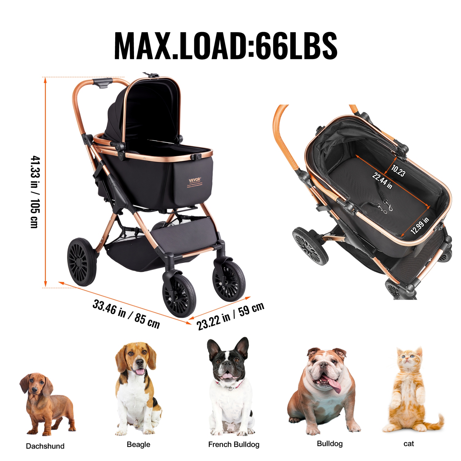 VEVOR 4 Wheels Pet Stroller, Dog Stroller Rotate with Brakes, 66 lbs Weight Capacity, Puppy Stroller with Detachable Carrier, Storage Basket and Pet