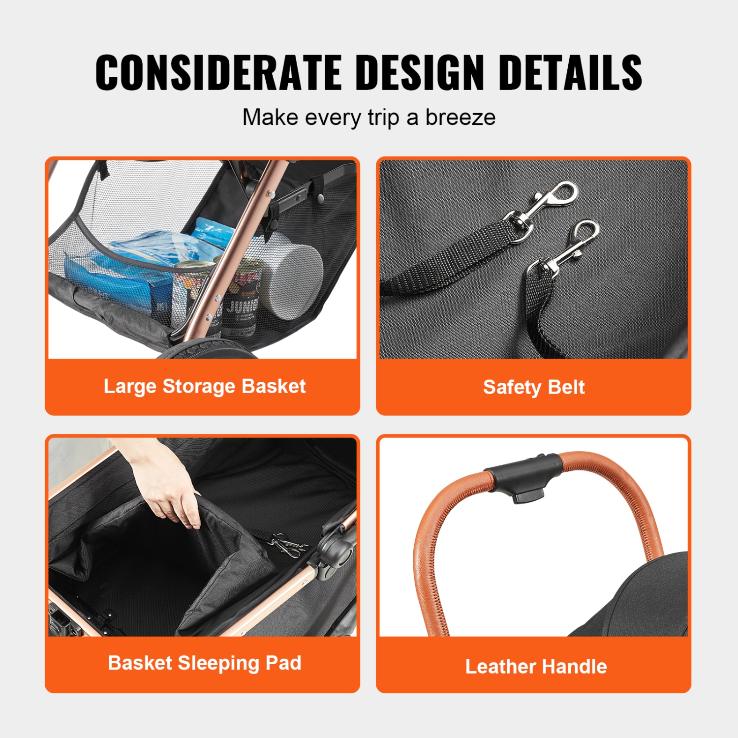 VEVOR 4 Wheels Pet Stroller, Dog Stroller Rotate with Brakes, 66 lbs Weight Capacity, Puppy Stroller with Detachable Carrier, Storage Basket and Pet