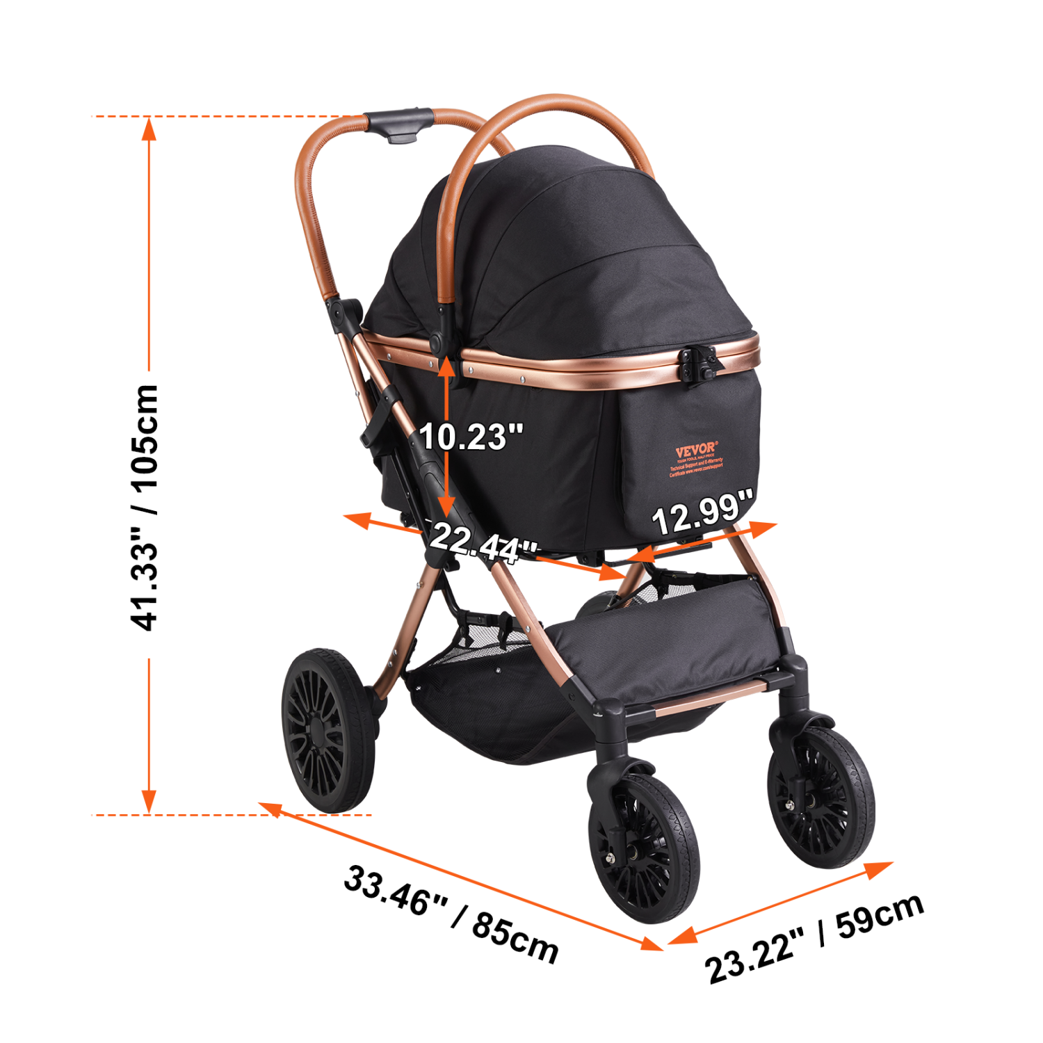 VEVOR 4 Wheels Pet Stroller, Dog Stroller Rotate with Brakes, 66 lbs Weight Capacity, Puppy Stroller with Detachable Carrier, Storage Basket and Pet