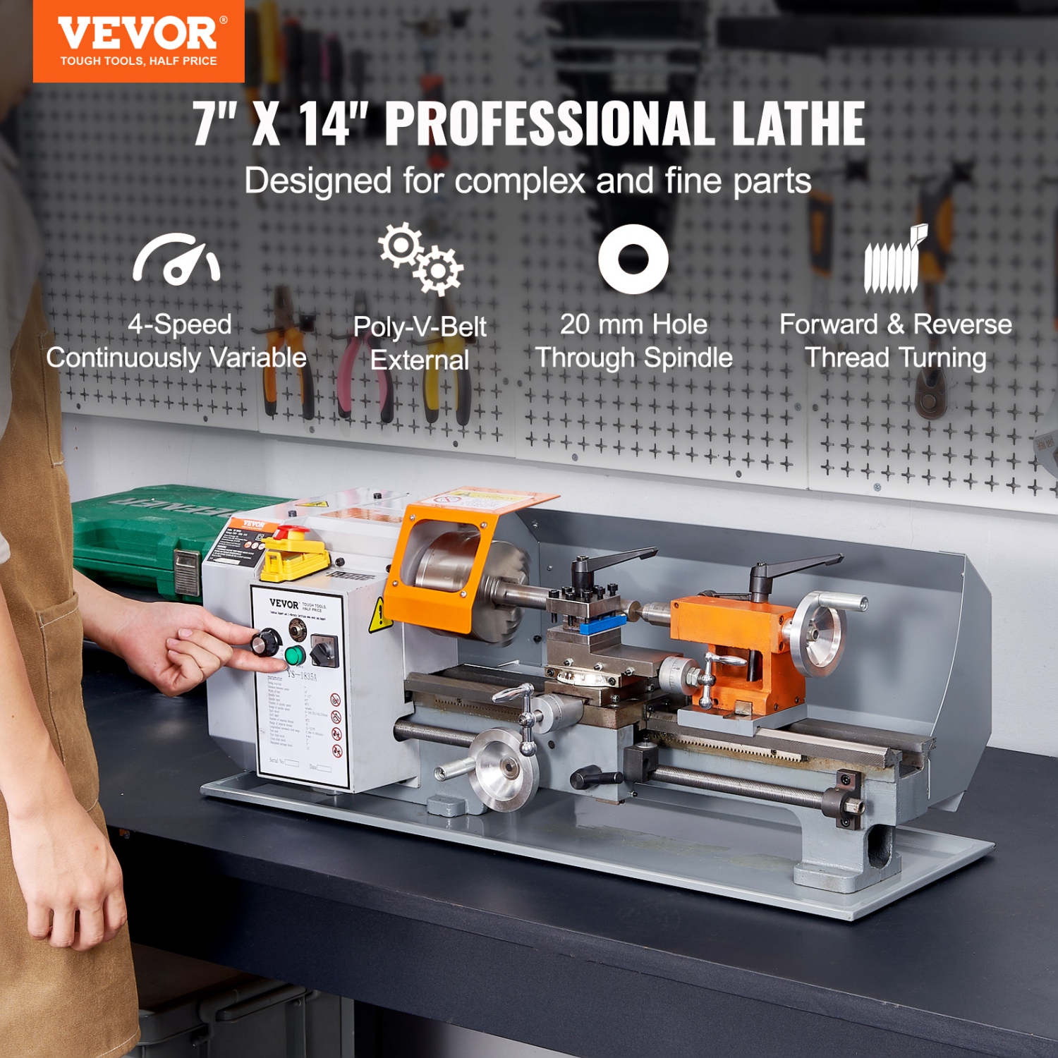 VEVOR 7'' x 13.78'' Metal Lathe Machine,Precision Benchtop Power Metal Lathe,0-2200 RPM Continuously Variable Speed,500W Brush Motor Metal Gears,with