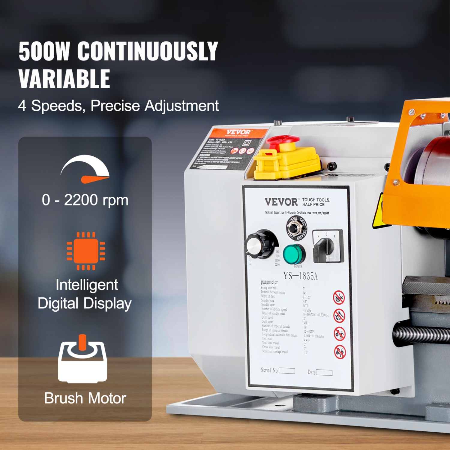 VEVOR 7'' x 13.78'' Metal Lathe Machine,Precision Benchtop Power Metal Lathe,0-2200 RPM Continuously Variable Speed,500W Brush Motor Metal Gears,with