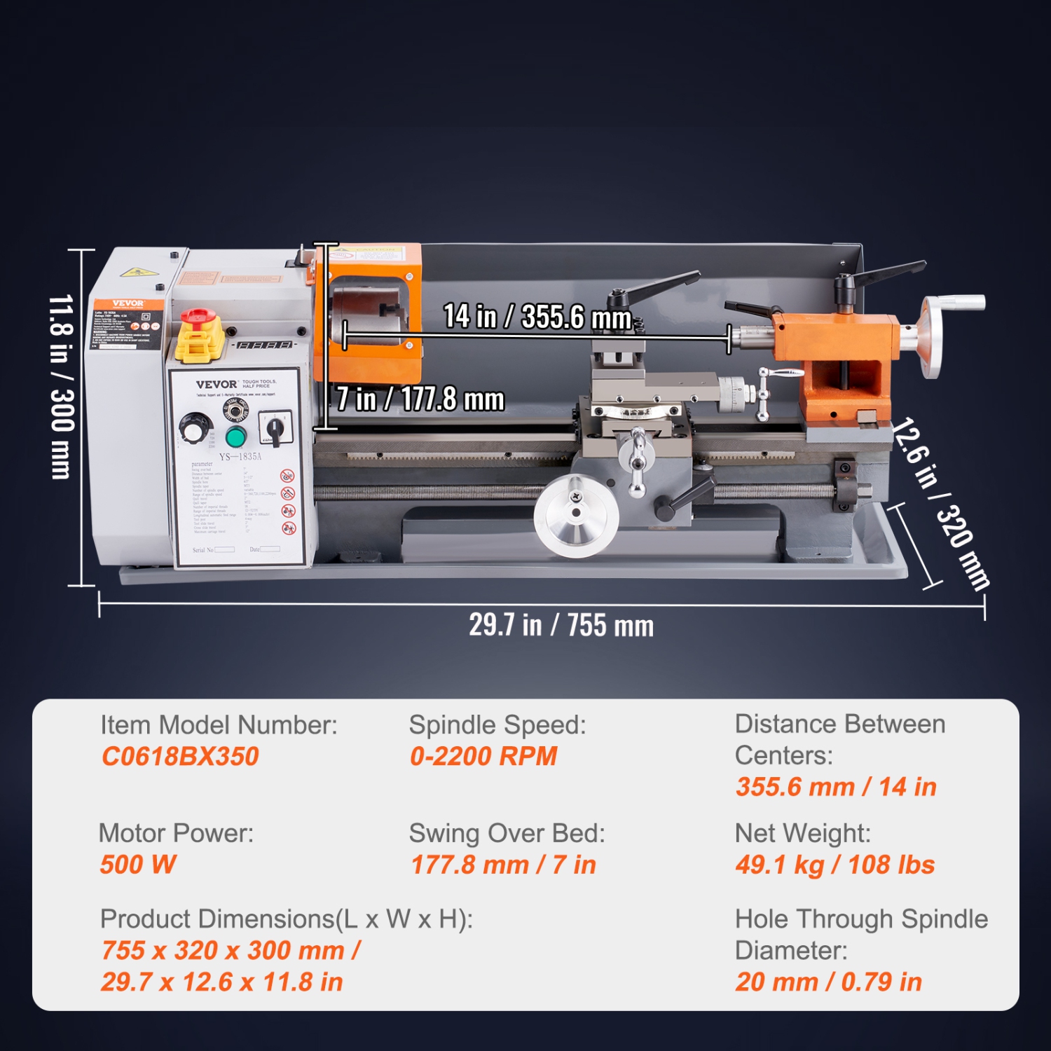 VEVOR 7'' x 13.78'' Metal Lathe Machine,Precision Benchtop Power Metal Lathe,0-2200 RPM Continuously Variable Speed,500W Brush Motor Metal Gears,with