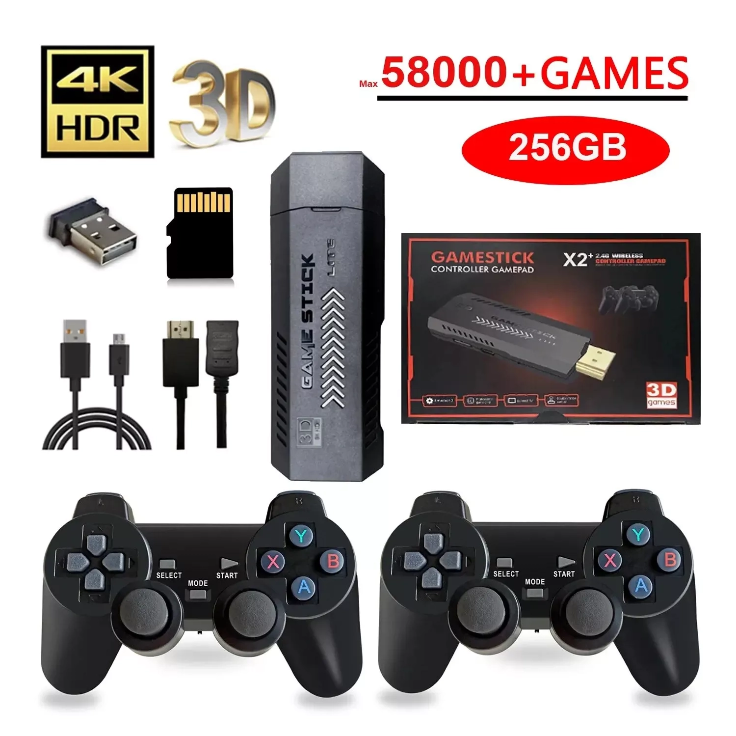 58000 Console de jeu vidéo 256G Double manette sans fil 2,4 GHz Game Stick HD Contrôle sans fil rétro