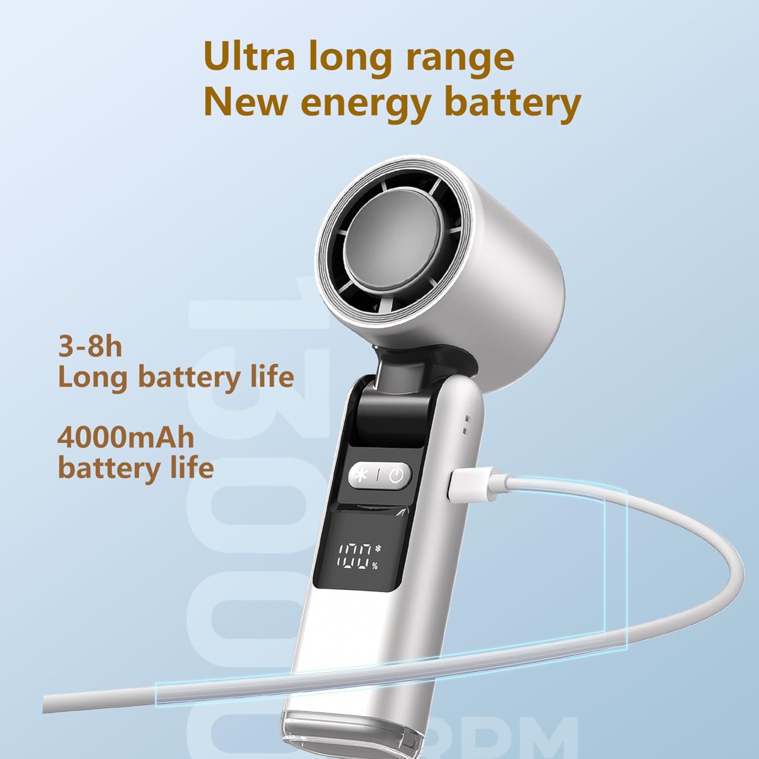 Ultra-light handheld fan 1-100 adjustable, 4000mAh USB rechargeableK801 Ice Compress Starry Gray [Super High Speed 100 Gears + Digital Display +