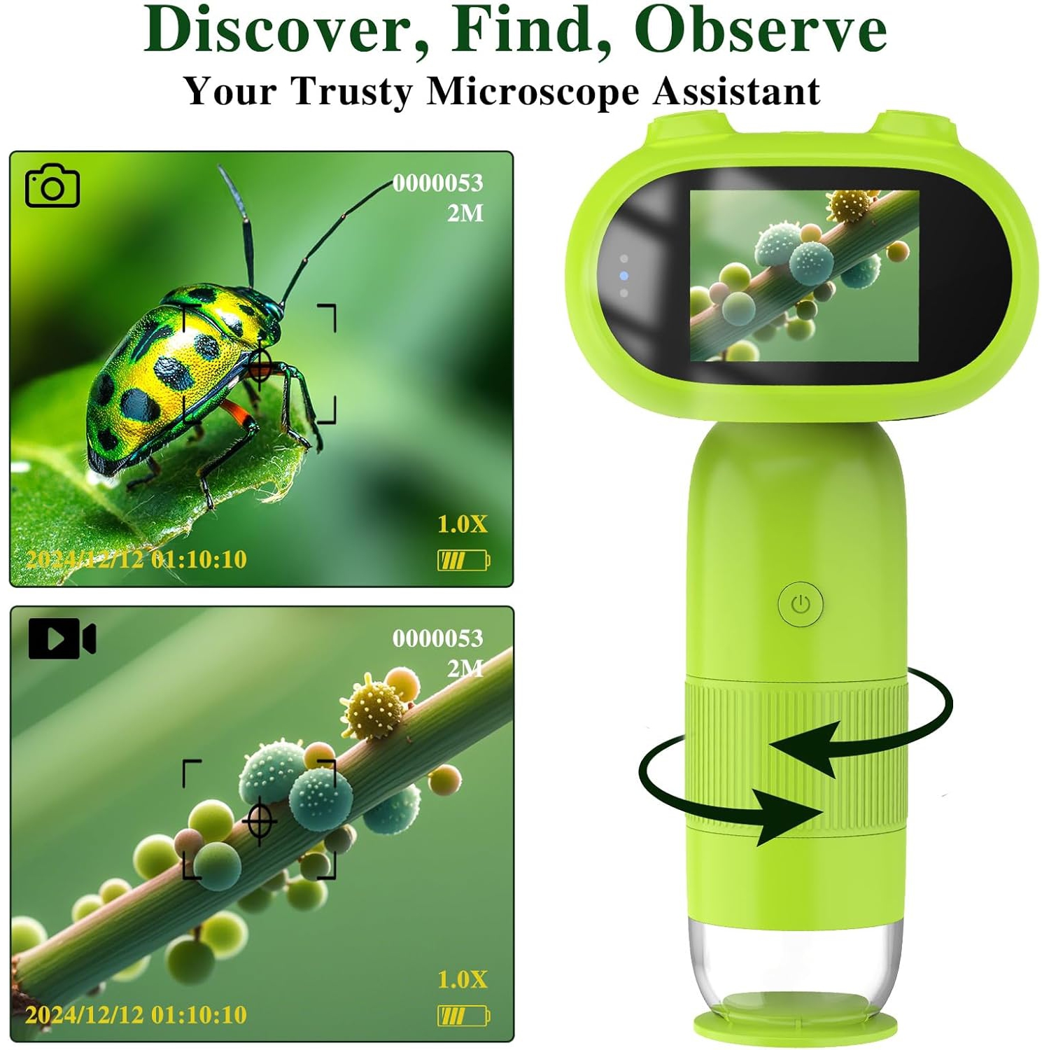 Portable Pocket Microscope for Little Boys & Girls with 2 inch IPS Screen,Digital Microscope 1000X,Mini Microscope with 8 LEDs,Compatible with PC