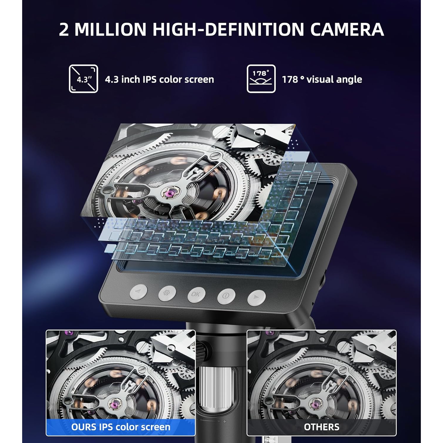 Digital LED Microscope 4.3-inch IPS Large Screen,50x-1000x Wide Angle,8 Bright Lights,Rechargeable Digital Microscope