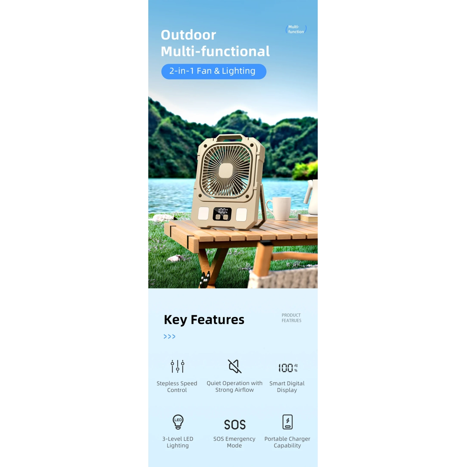 Camping fan USB charging silent high wind power electric fan, summer cooling artifact electric fan, 100 strong wind speed LED lighting 48h long