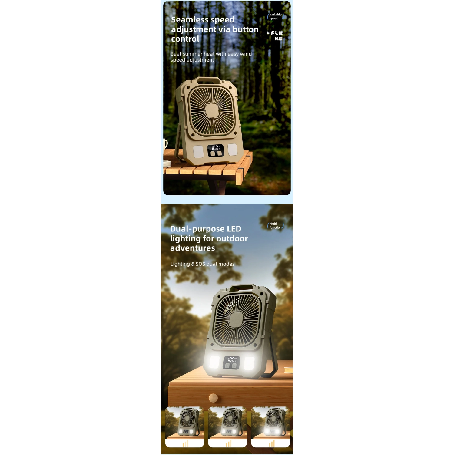 Camping fan USB charging silent high wind power electric fan, summer cooling artifact electric fan, 100 strong wind speed LED lighting 48h long