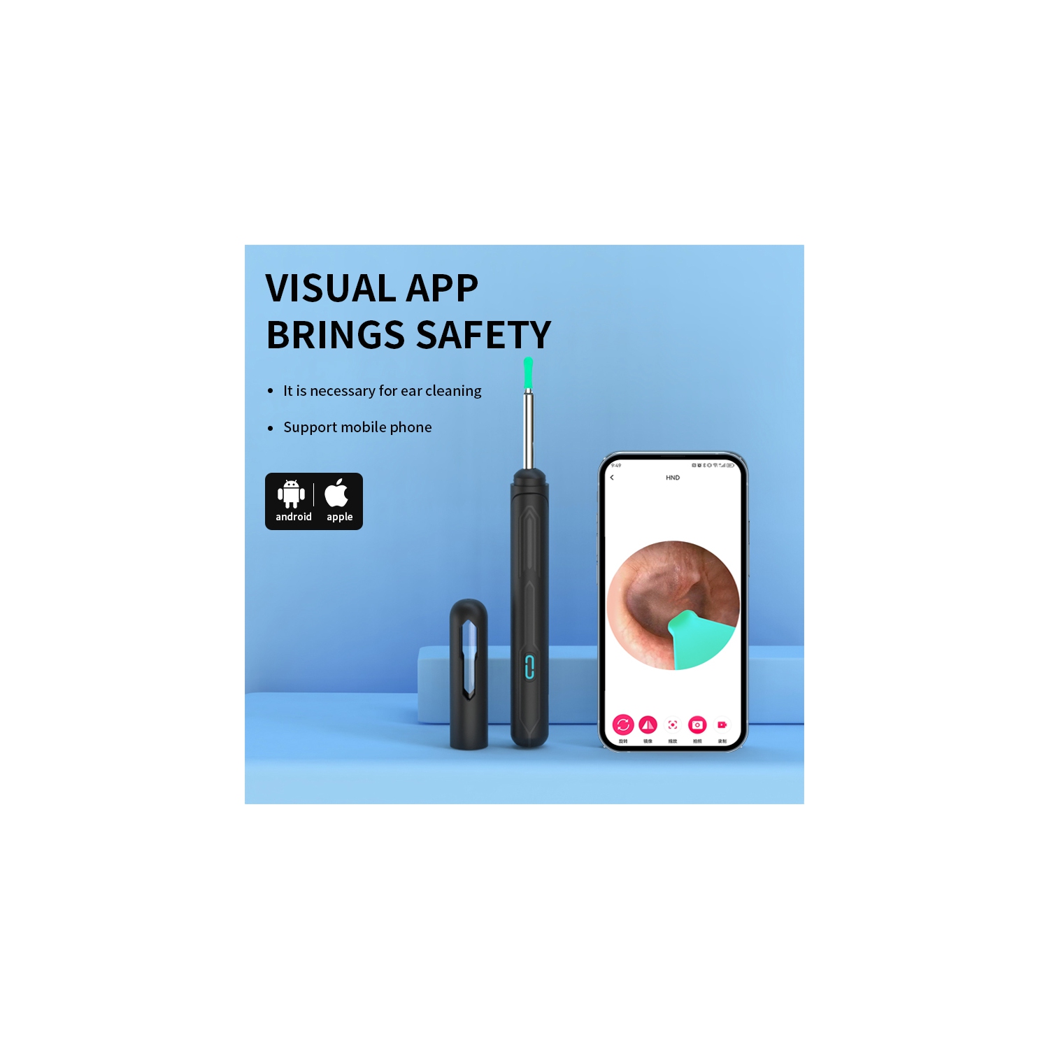 Children's visual Wifi ear pick, wireless HD endoscope cleaning ear picking tool, ear visual otoscope for ear canal examination - black integrated