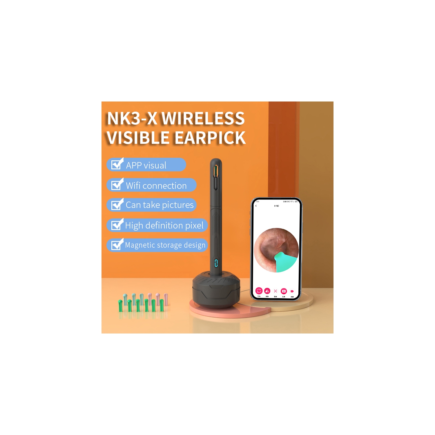 Children's visual Wifi ear pick, wireless HD endoscope cleaning ear picking tool, ear visual otoscope for ear canal examination - black with stand