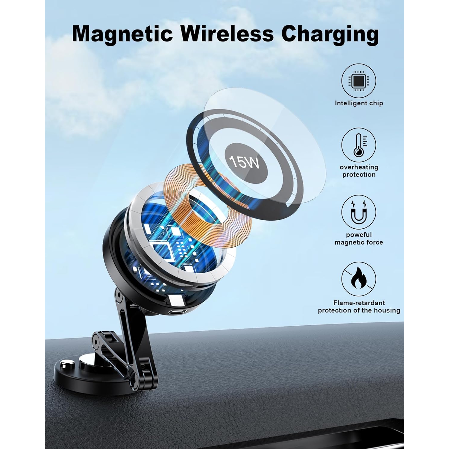 Magnetic Wireless Car Charger, 15W Fast Charging Mag-Safe Car Mount, 360° Magnetic Car Phone Holder - with Infinite Charging