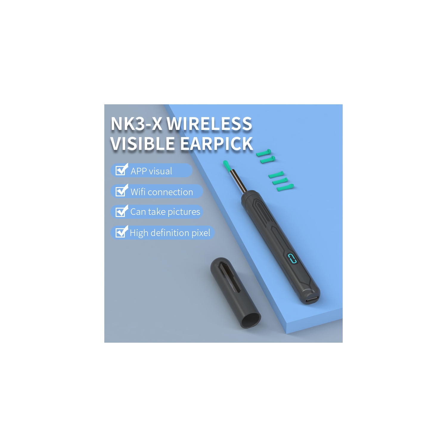 Piquet auriculaire Wi-Fi visuel pour enfants, outil de nettoyage d'endoscope HD sans fil, otoscope visuel pour examen du canal auditif - blanc avec