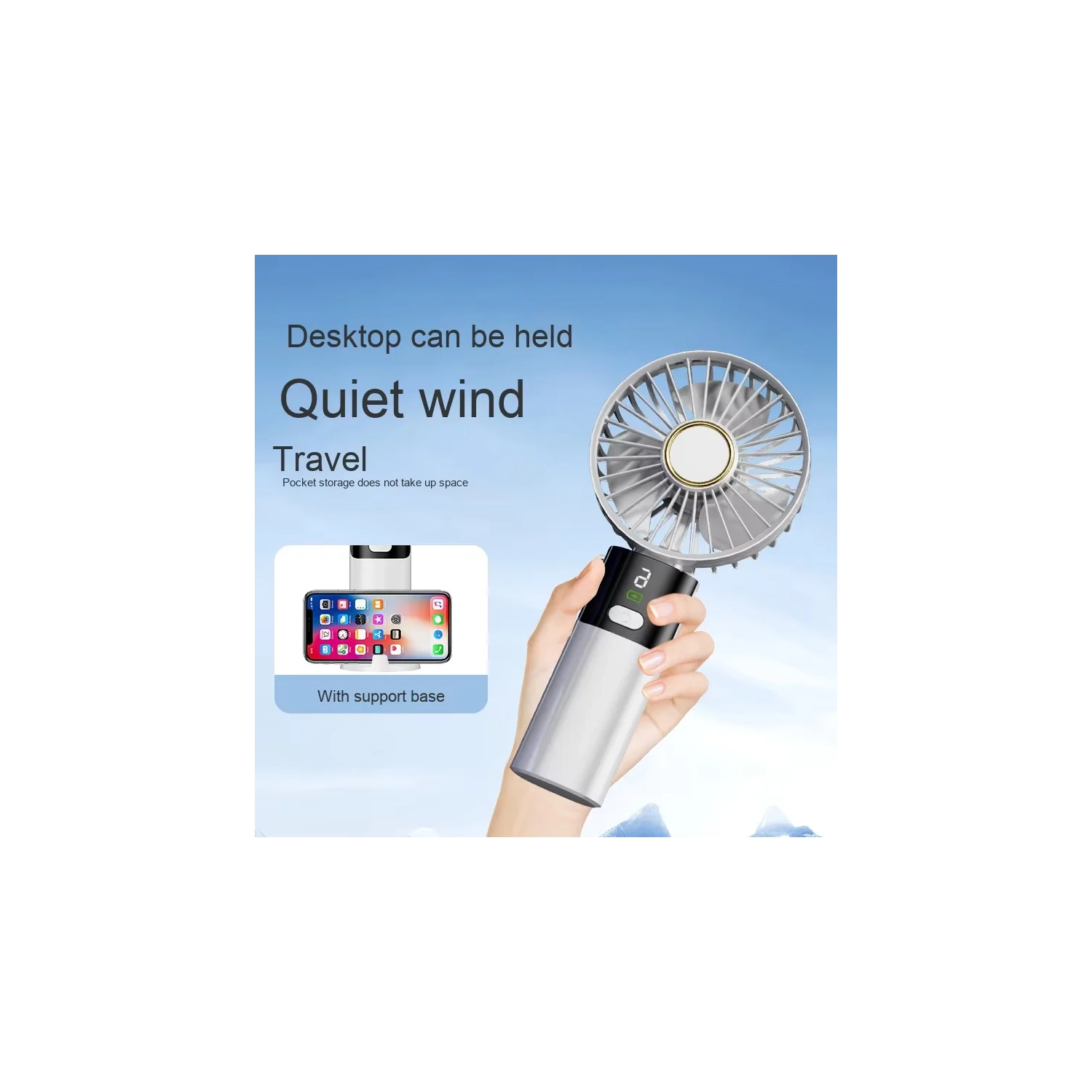 Folding handheld silent fan, USB charging portable mini desktop outdoor small wind, digital display cooling fan - S07 handheld blue [with stand + USB