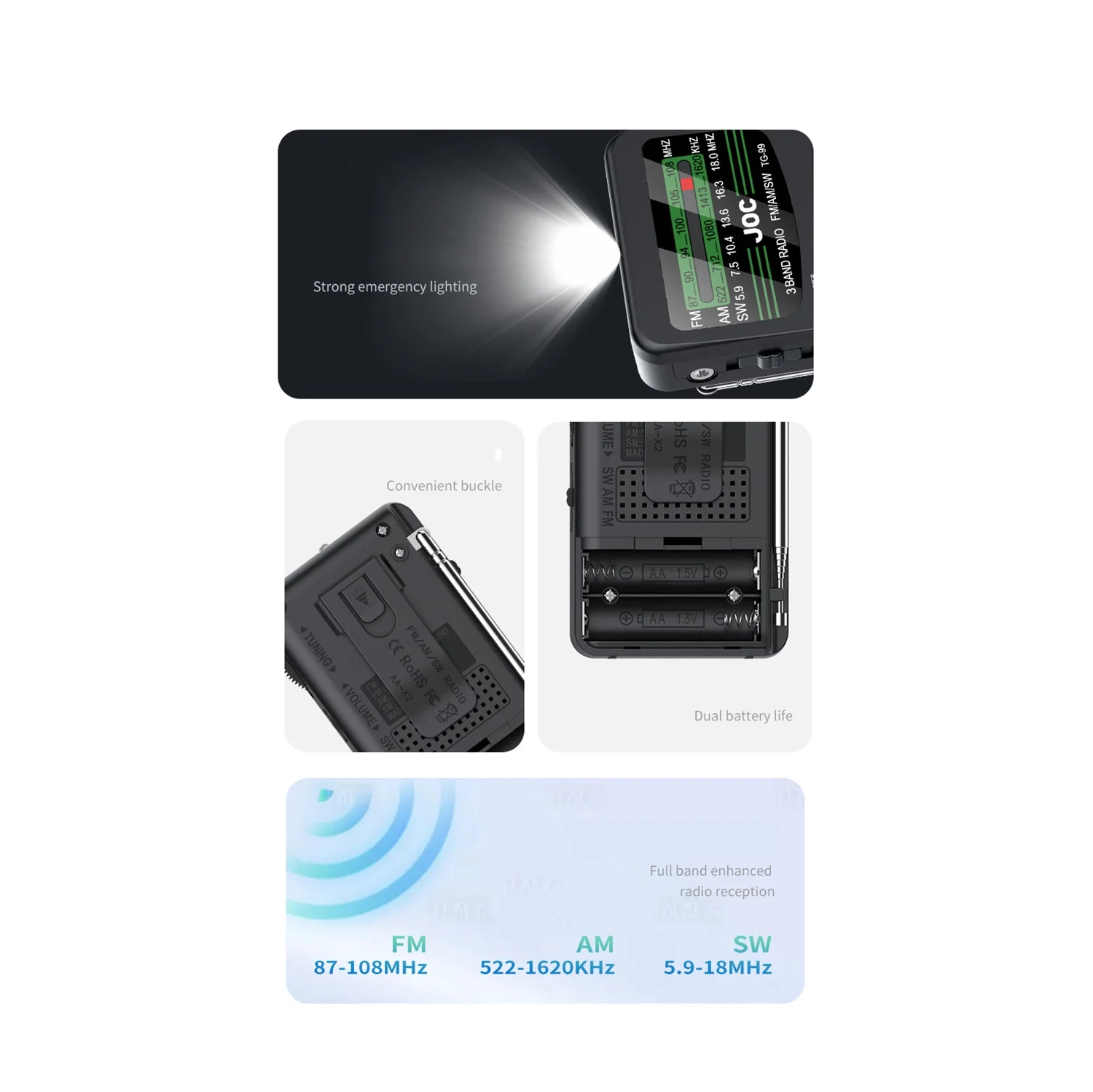Radio FM AM SW à bande complète avec radio portative, lampe de poche LED radio extérieure à canal complet