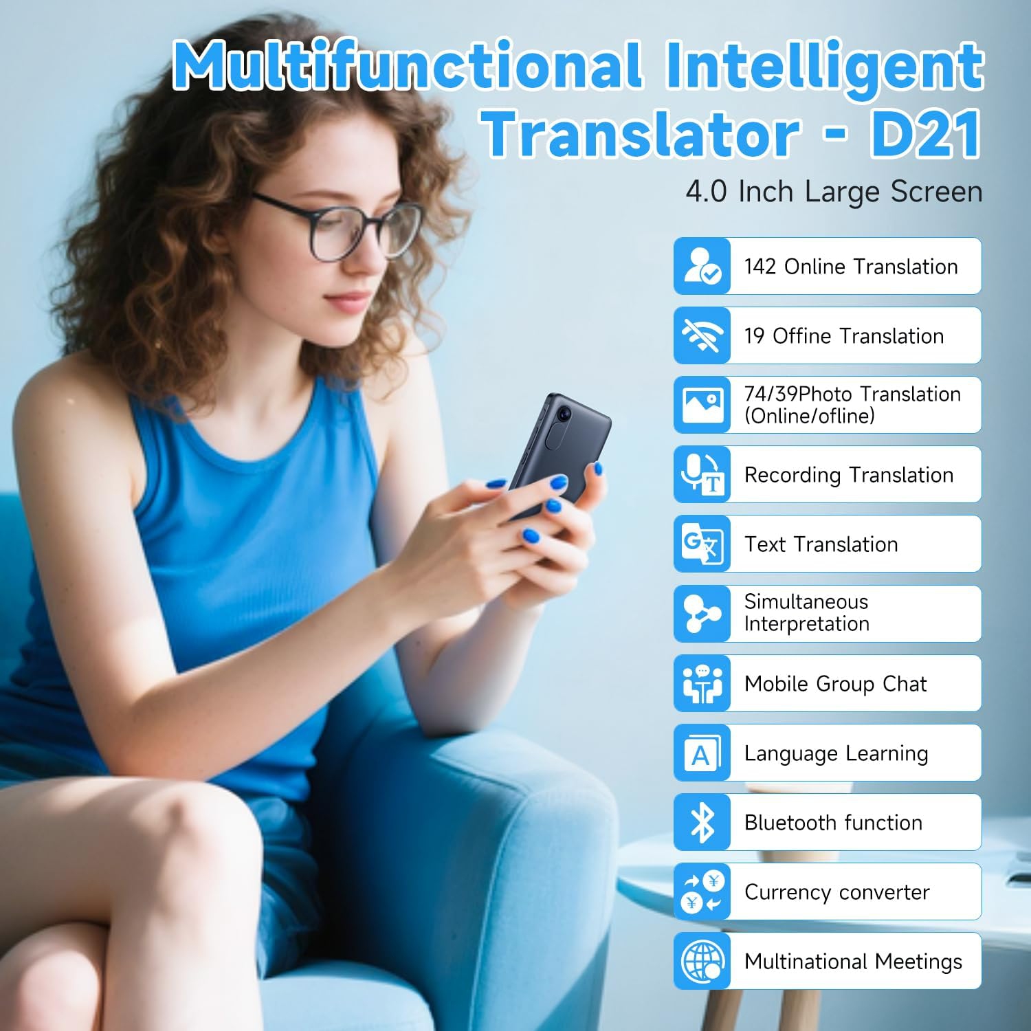 Offline language translation device, 142 languages two-way real-time voice translation, recording and photo AI translator, suitable for business