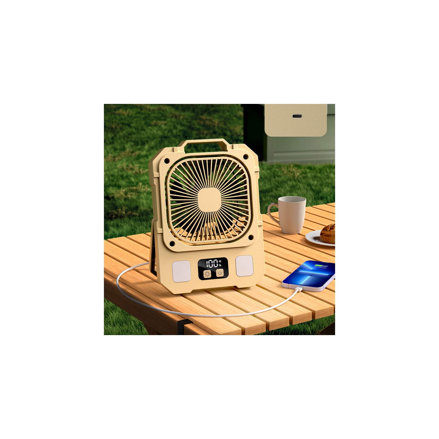 Camping fan USB charging silent high wind power electric fan, summer cooling artifact electric fan, 100 strong wind speed LED lighting 48h long
