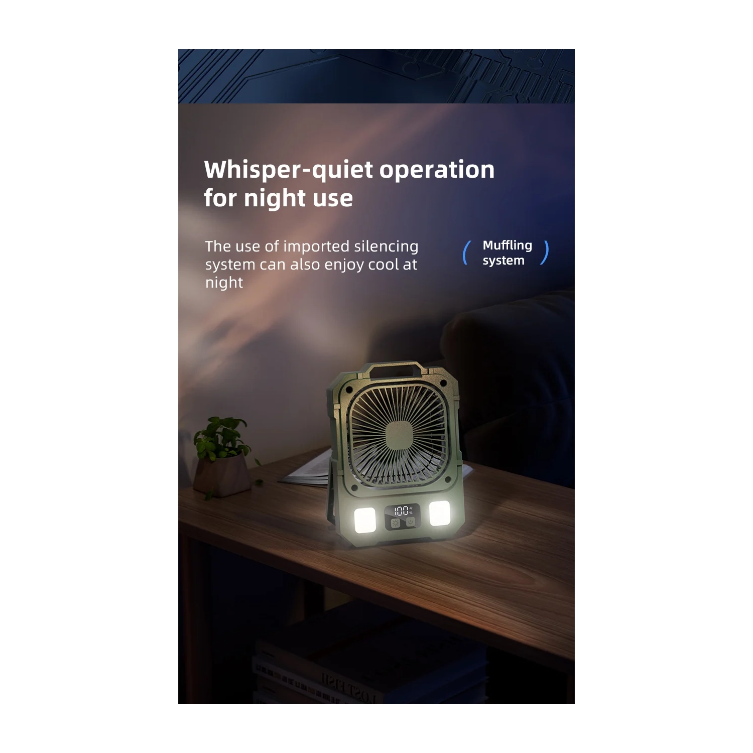 Camping fan USB charging silent high wind power electric fan, summer cooling artifact electric fan, 100 strong wind speed LED lighting 48h long