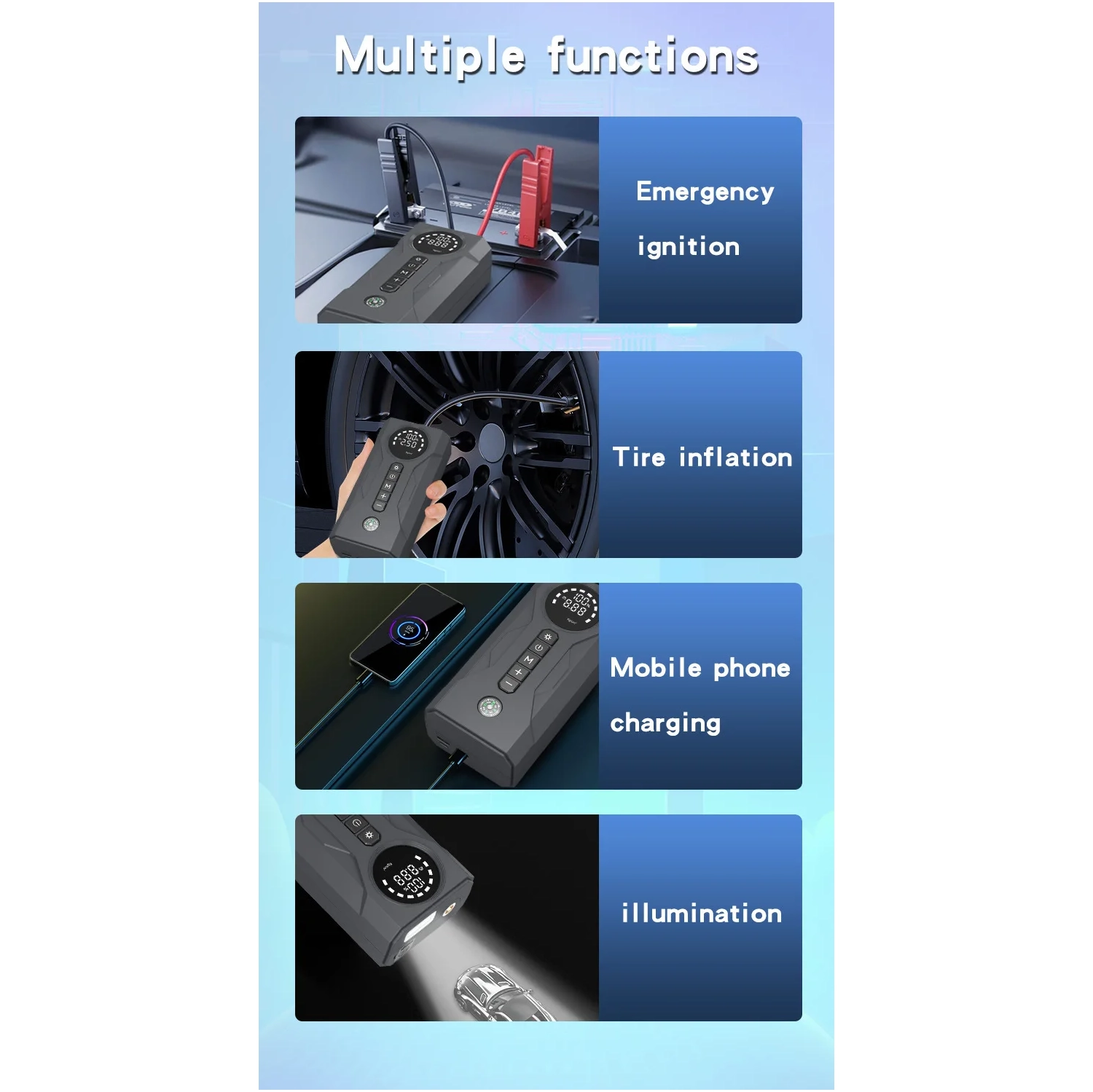 Alimentation de démarrage d'urgence pour la voiture, pompe à air, chargeur de batterie intégré, chargeur de batterie portable multifonction,