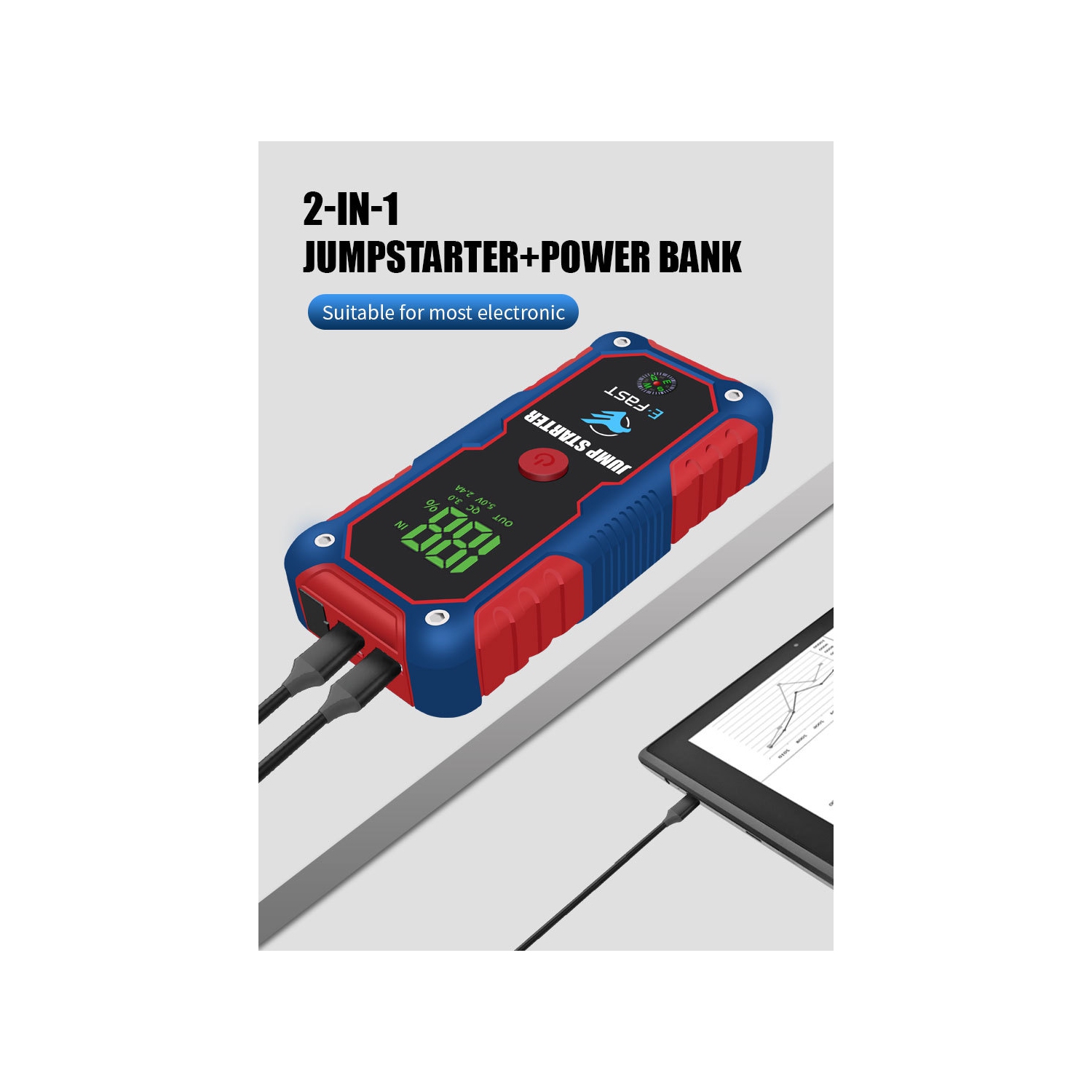 Multifunctional battery booster, car emergency starter, car emergency starter power supply, portable car starter battery booster - blue smart clip