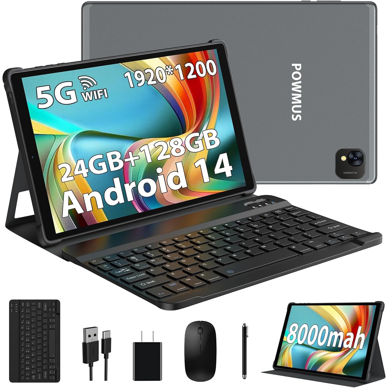 POWMUS 2025 10.1" Android 14 Tablet, 24GB RAM, 128GB Storage (1TB Expandable), 1920x1200 IPS, 2.0GHz CPU, 8000mAh, 5G Wi-Fi, 8MP+13MP Cameras, BT 5.0, GPS – Includes Keyboard & Mou