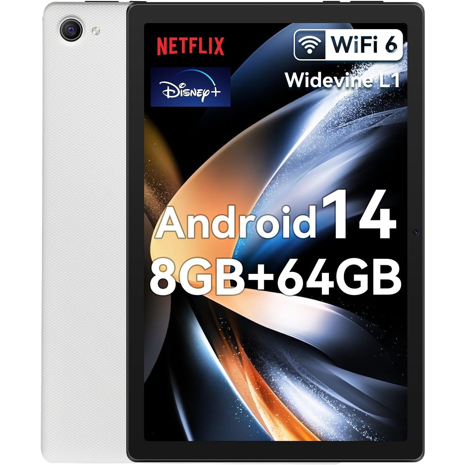HiGrace 10" Android 14 Tablet, Octa-Core Processor, 64GB Storage (1TB Expandable), Dual 5MP+8MP Cameras, WiFi 6 & Bluetooth – White