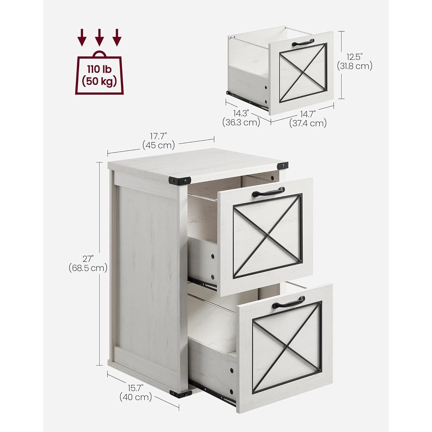 VASAGLE File Cabinet – Modern Farmhouse Style with 2 File Drawers and Printer Stand in Rustic White