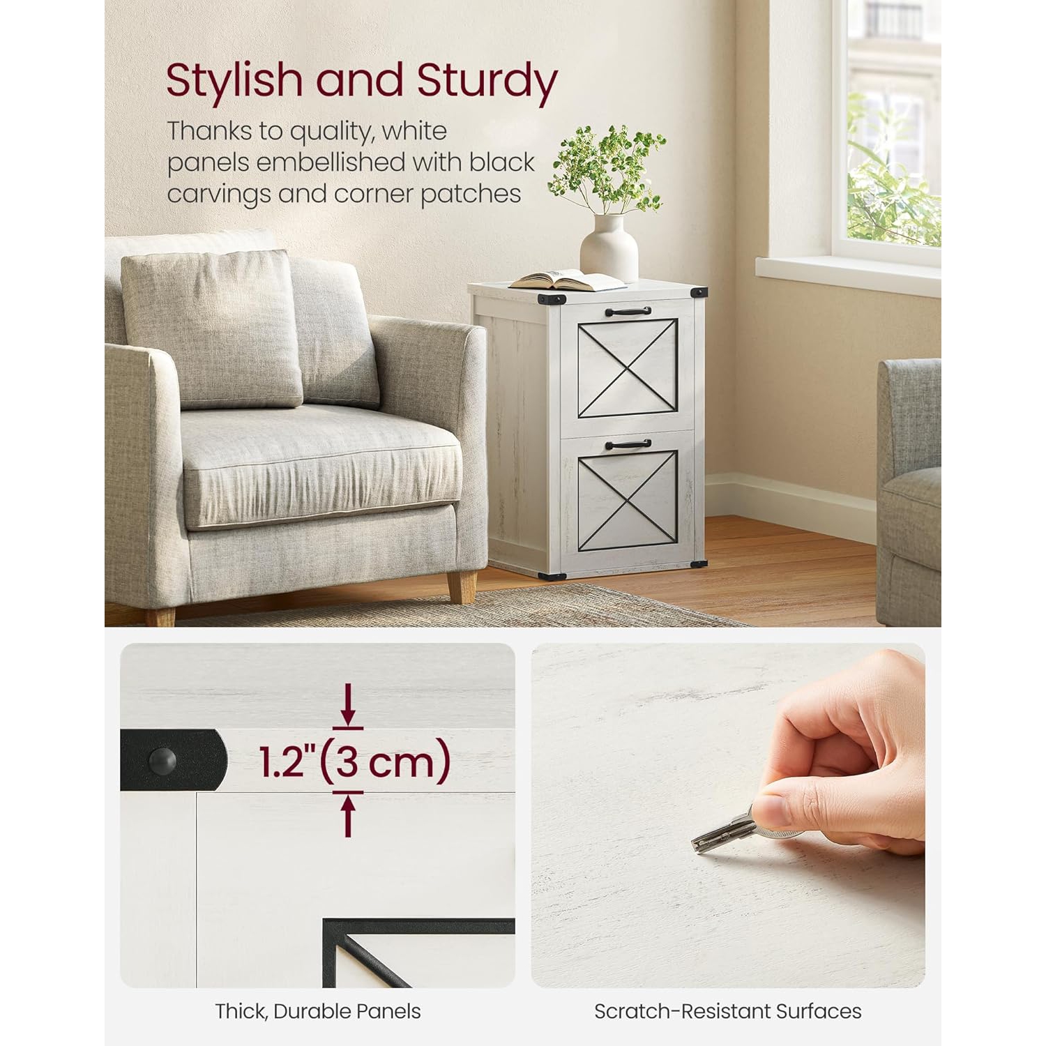 VASAGLE File Cabinet – Modern Farmhouse Style with 2 File Drawers and Printer Stand in Rustic White