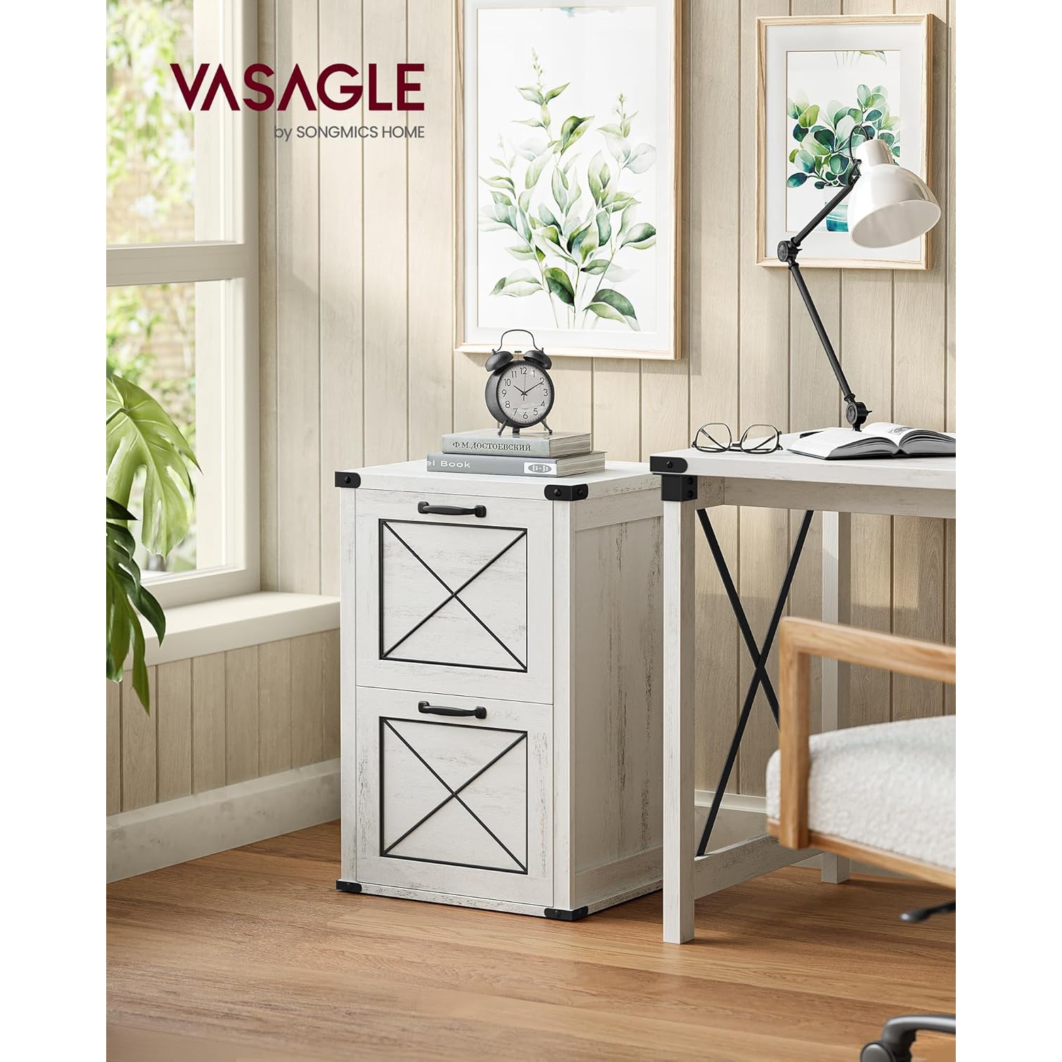 VASAGLE File Cabinet – Modern Farmhouse Style with 2 File Drawers and Printer Stand in Rustic White