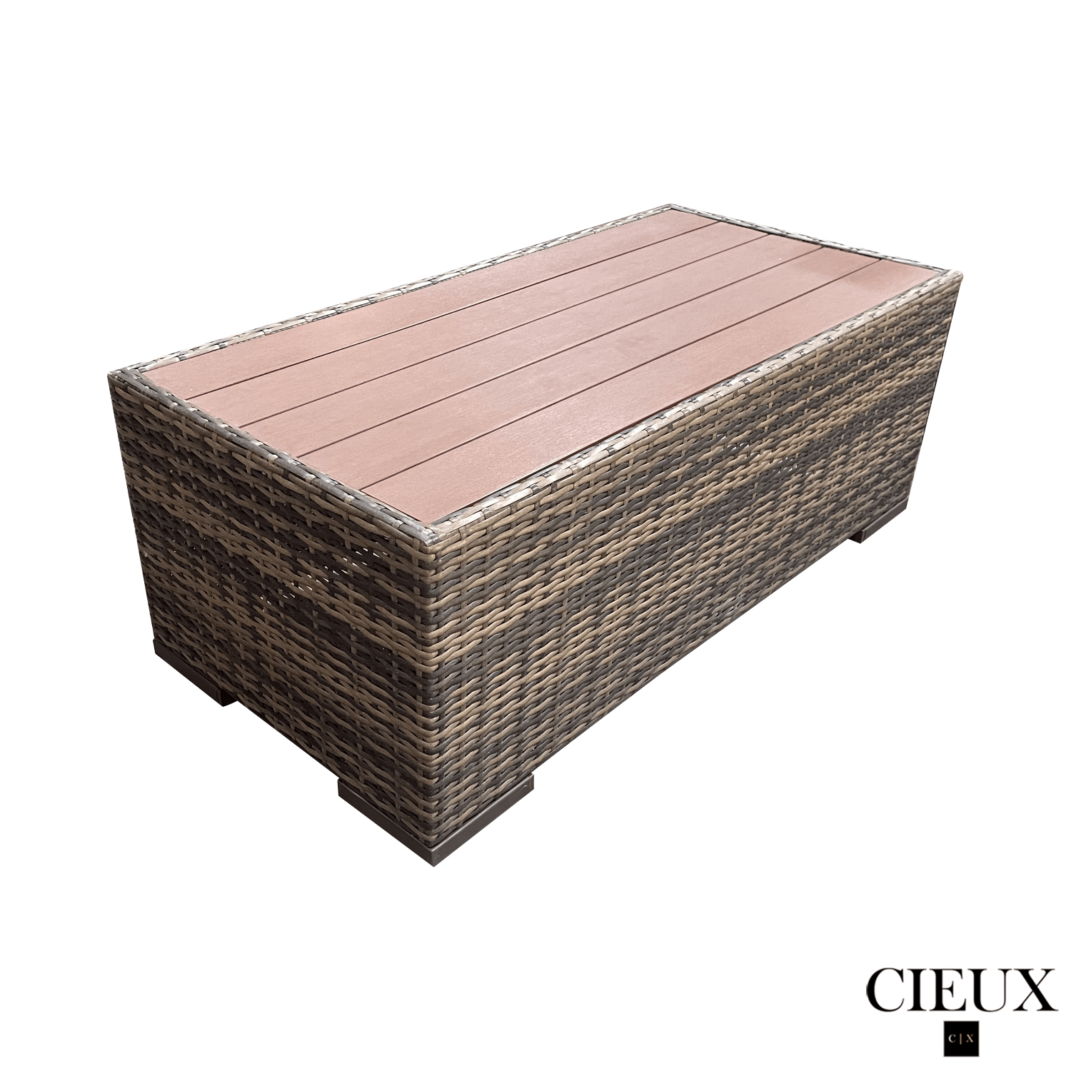 CIEUX Valence Outdoor Patio Wicker Large Corner Sectional Sofa, Club Chair and Coffee Table Set in Brown with Sunbrella Canvas Taupe Cushions