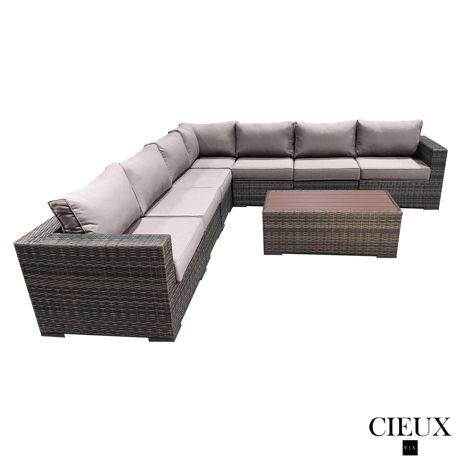 CIEUX Valence Outdoor Patio Wicker Large Corner Sectional Sofa and Coffee Table Set in Brown with Sunbrella Canvas Taupe Cushions